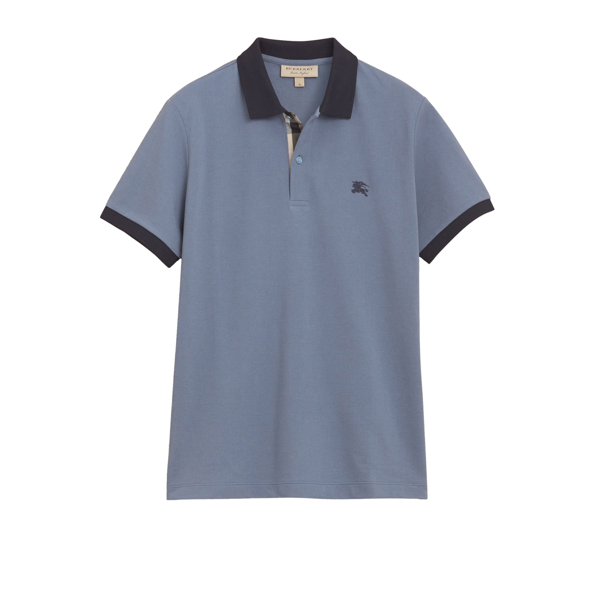 Polo bicolore en piqué de coton avec patte à motif check - Stone Blue