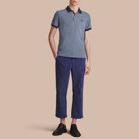 Polo bicolore en piqué de coton avec patte à motif check - Stone Blue