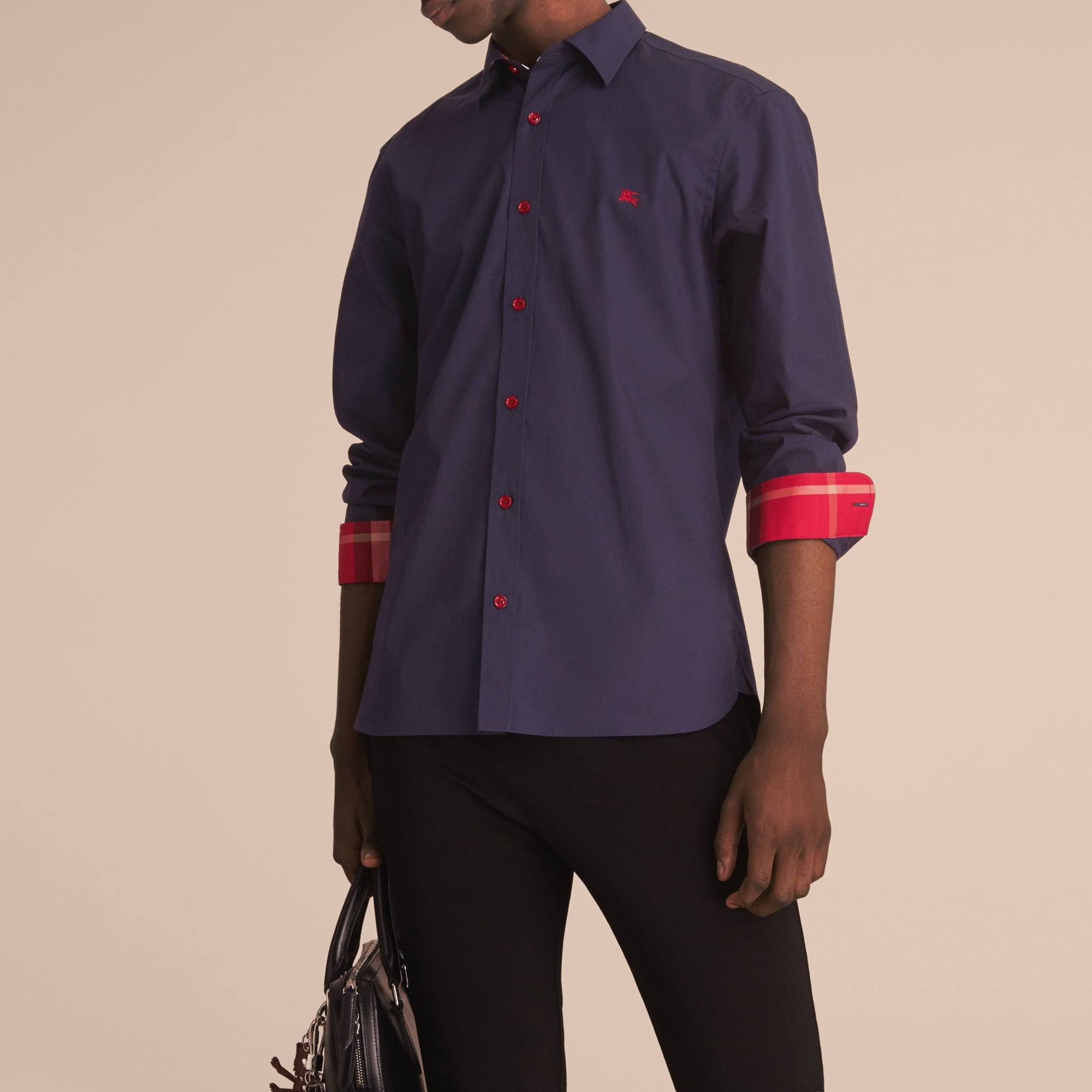 Chemise en popeline de coton avec boutons en résine - Navy