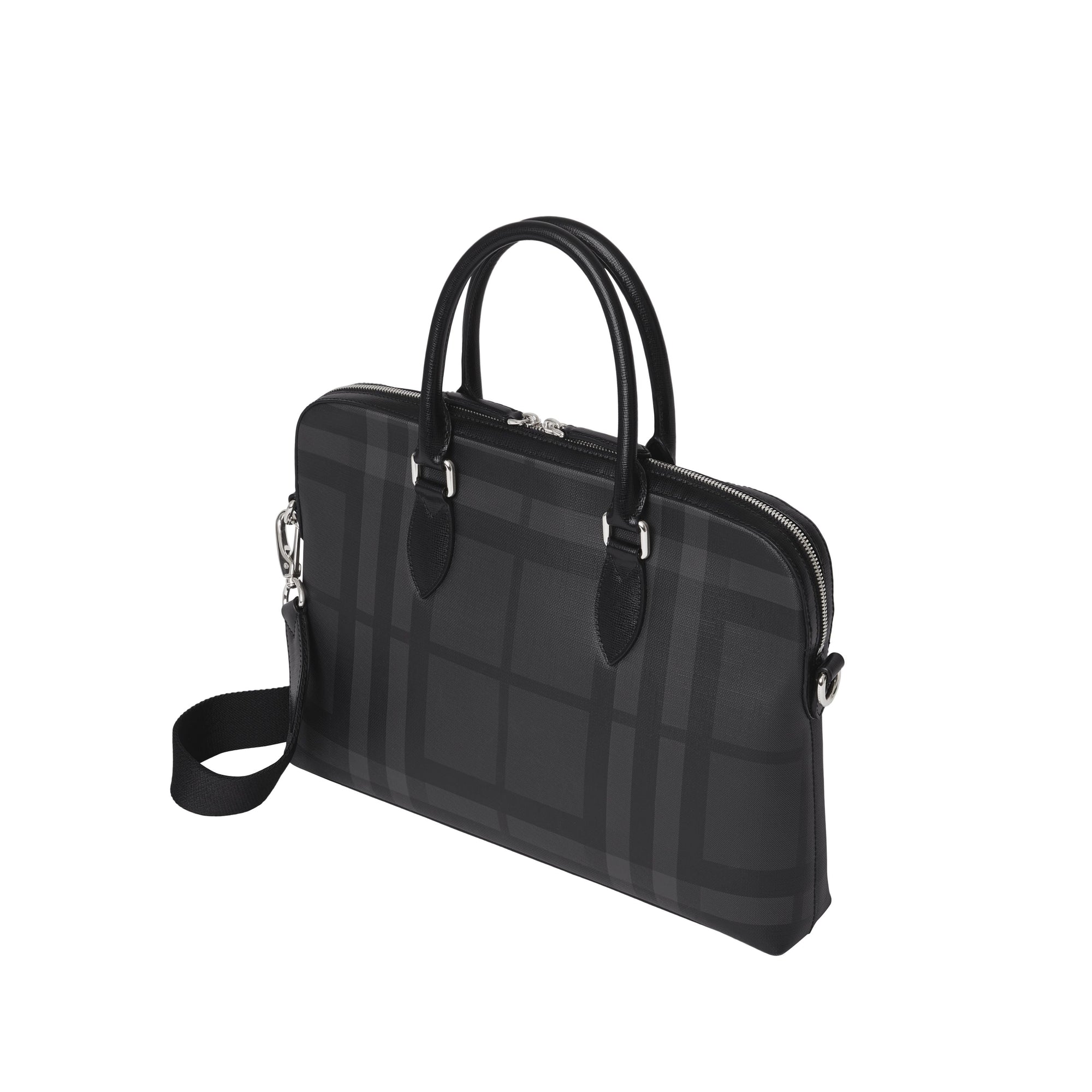 Attaché-case medium à motif London check avec éléments en cuir - Charcoal & Black