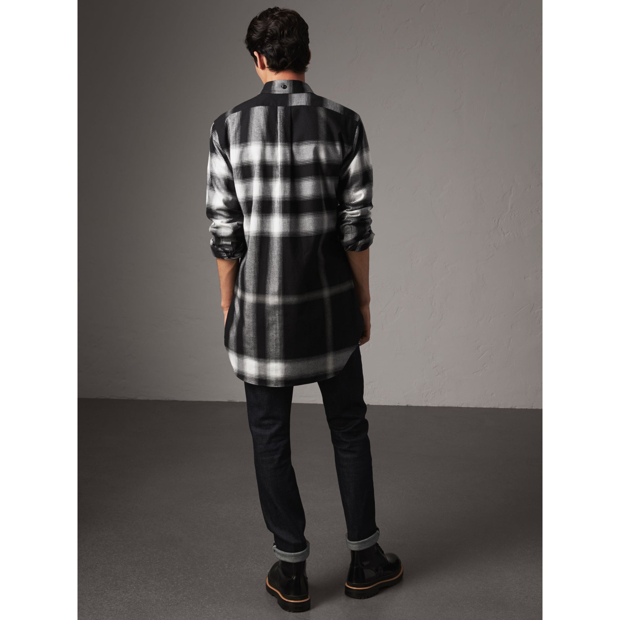 Chemise en flanelle de coton à motif check et ombré - Black