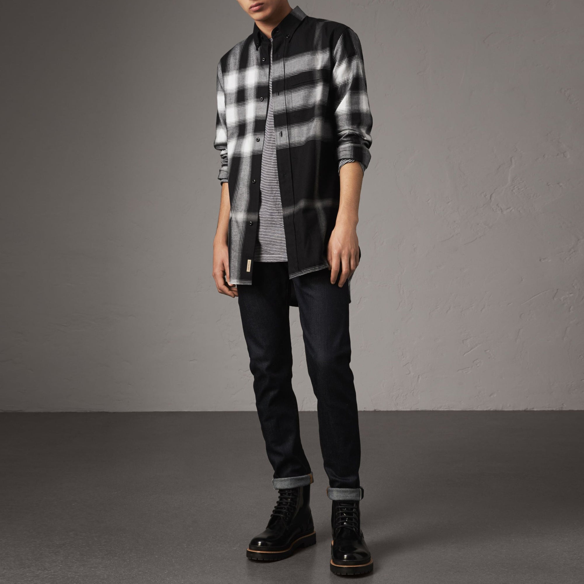 Chemise en flanelle de coton à motif check et ombré - Black
