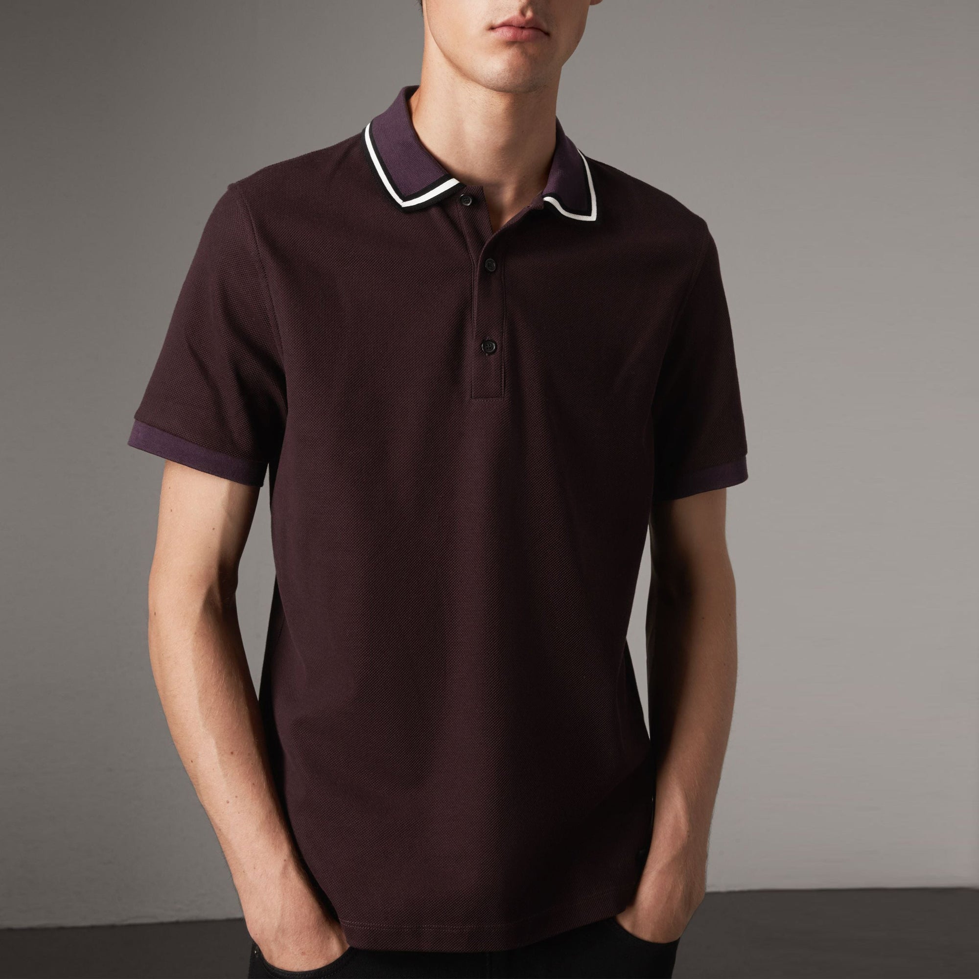 Polo en piqué de coton avec col rayé - Black