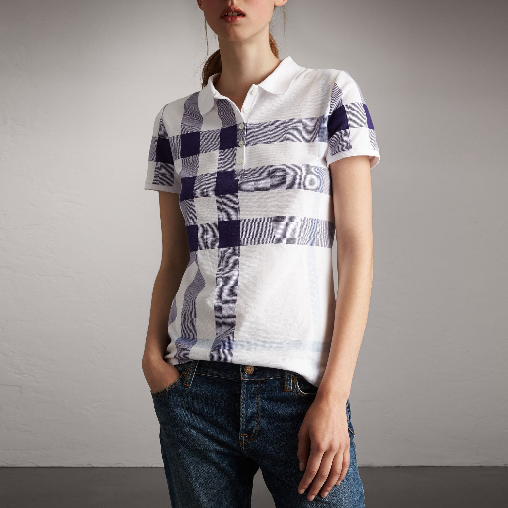 Polo en piqué de coton extensible à motif check - Pale Blue
