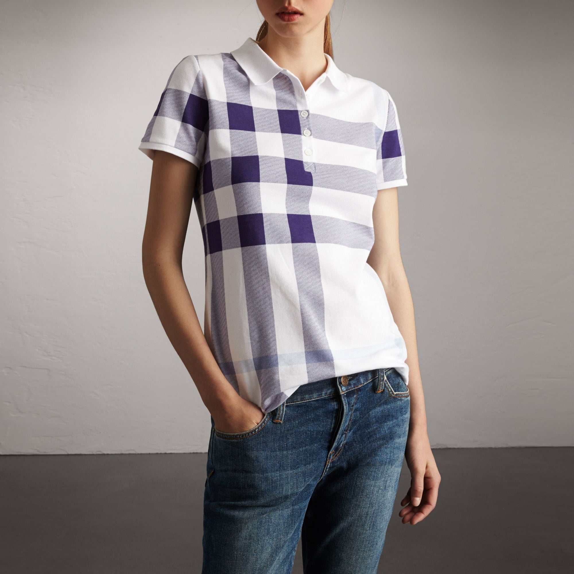 Polo en piqué de coton extensible à motif check - Pale Blue