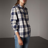 Chemise de style militaire en flanelle de coton à motif check - Bright Navy