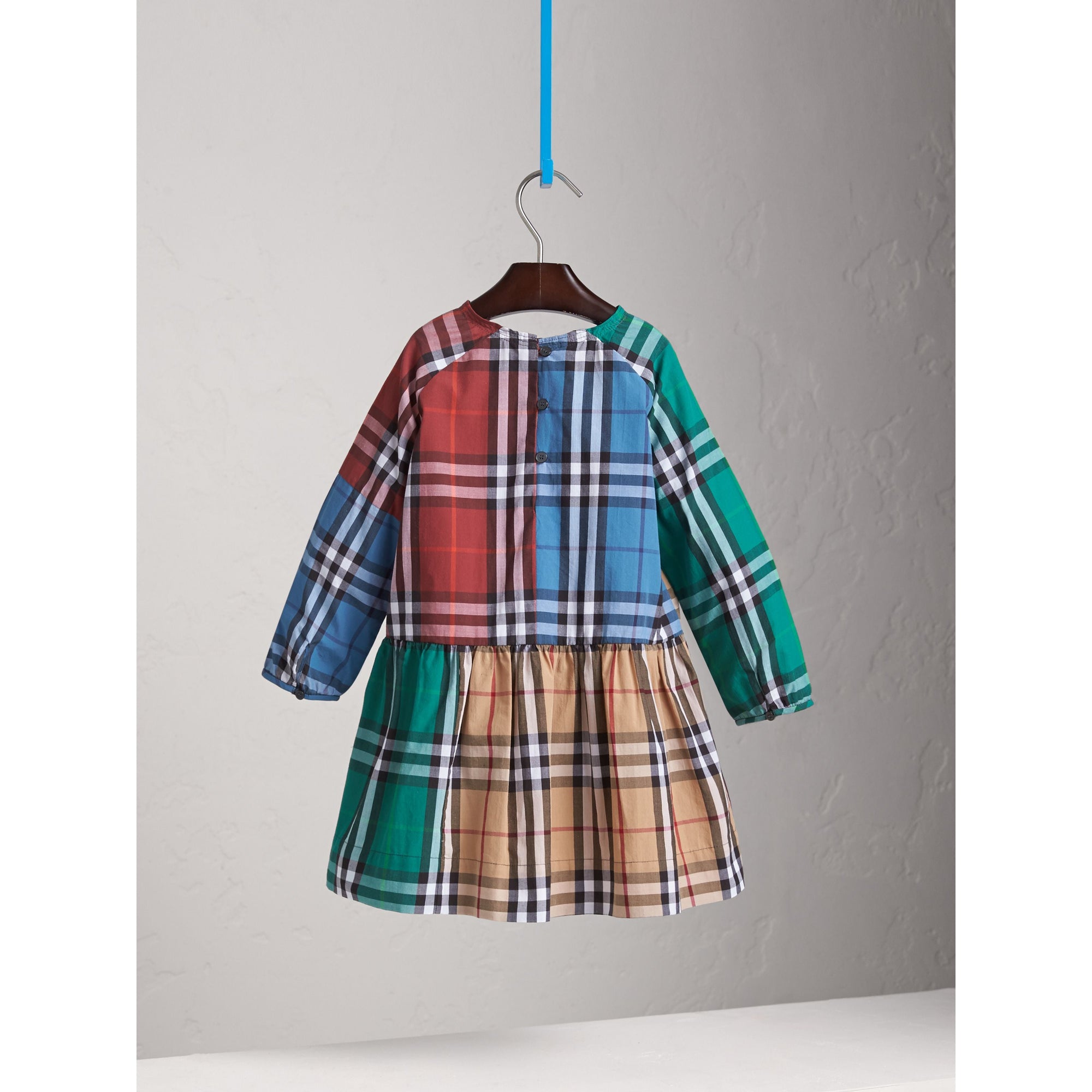 Robe froncée en coton à motif check color-block - Camel