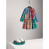 Robe froncée en coton à motif check color-block - Camel