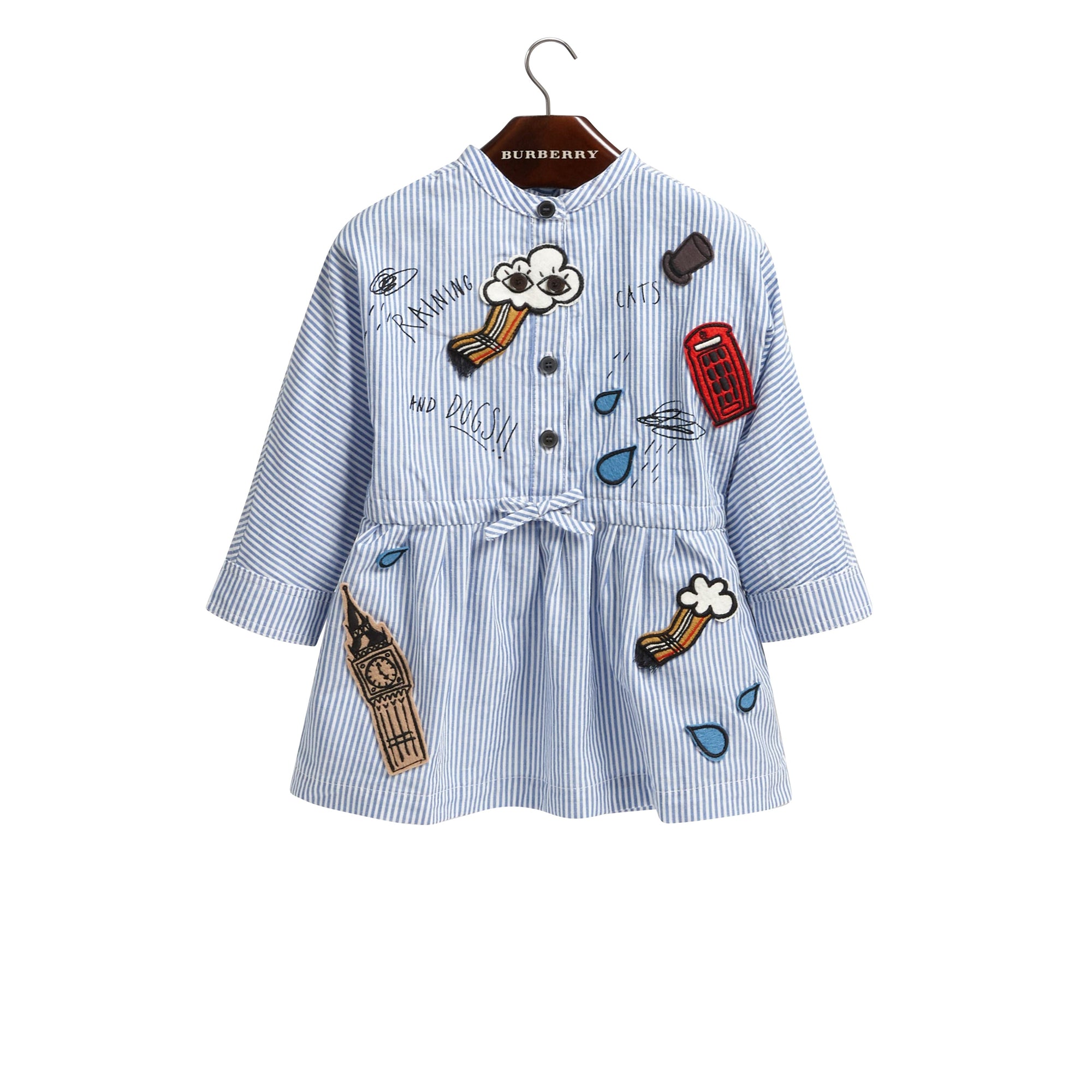 Robe chemise en coton et lin avec appliqué icônes londoniennes - Pale Blue & White
