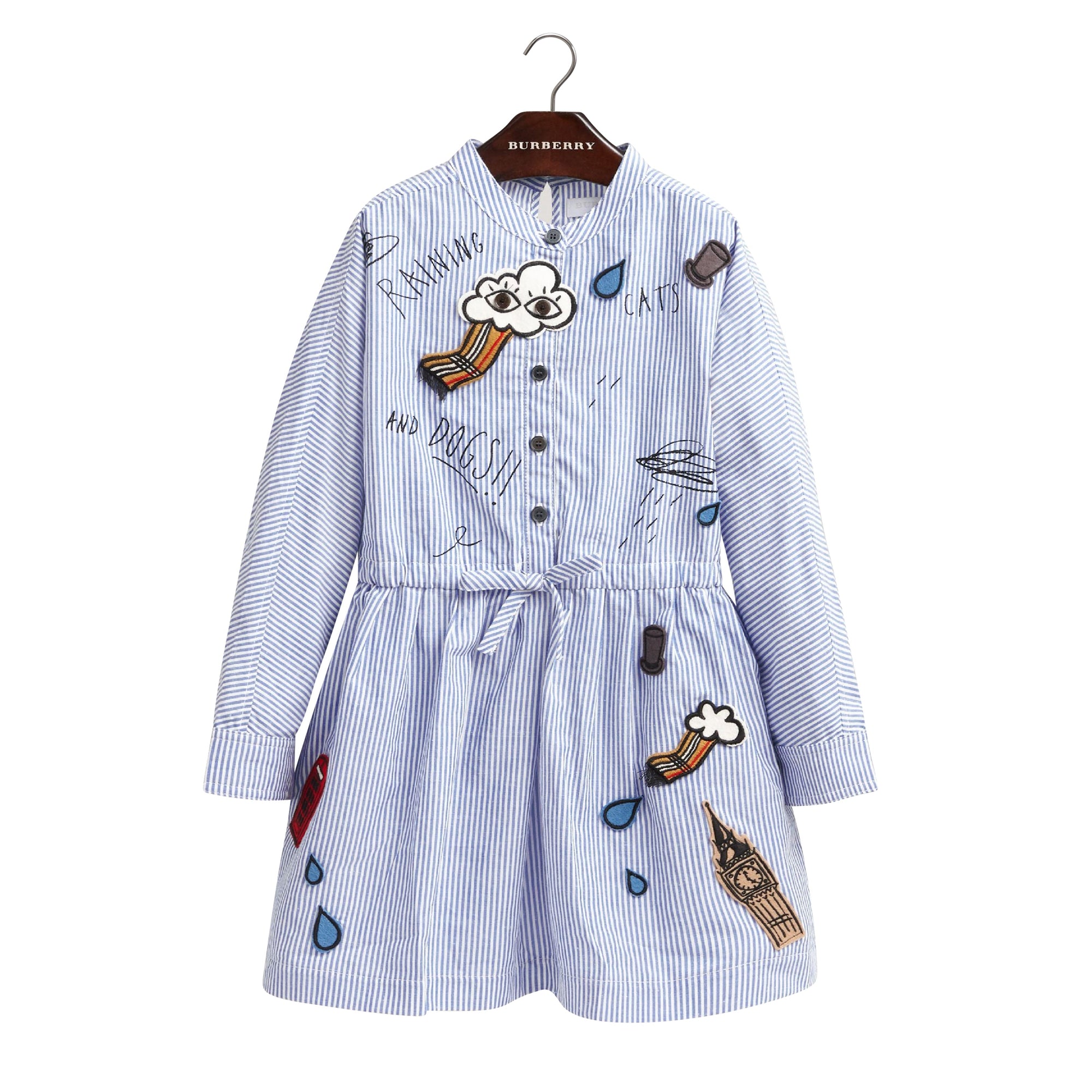 Robe chemise en coton et lin avec appliqué icônes londoniennes - Pale Blue & White