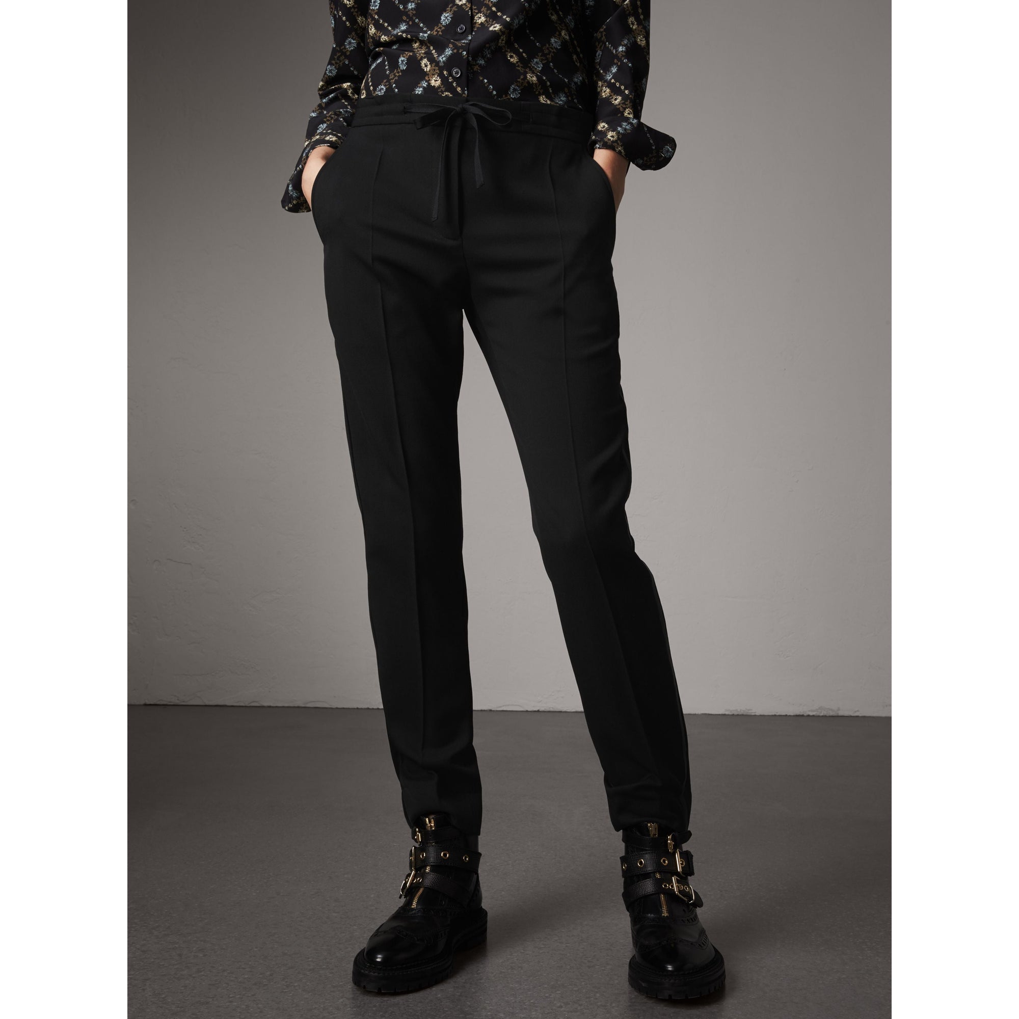 Pantalon en laine avec ruban à la taille - Black