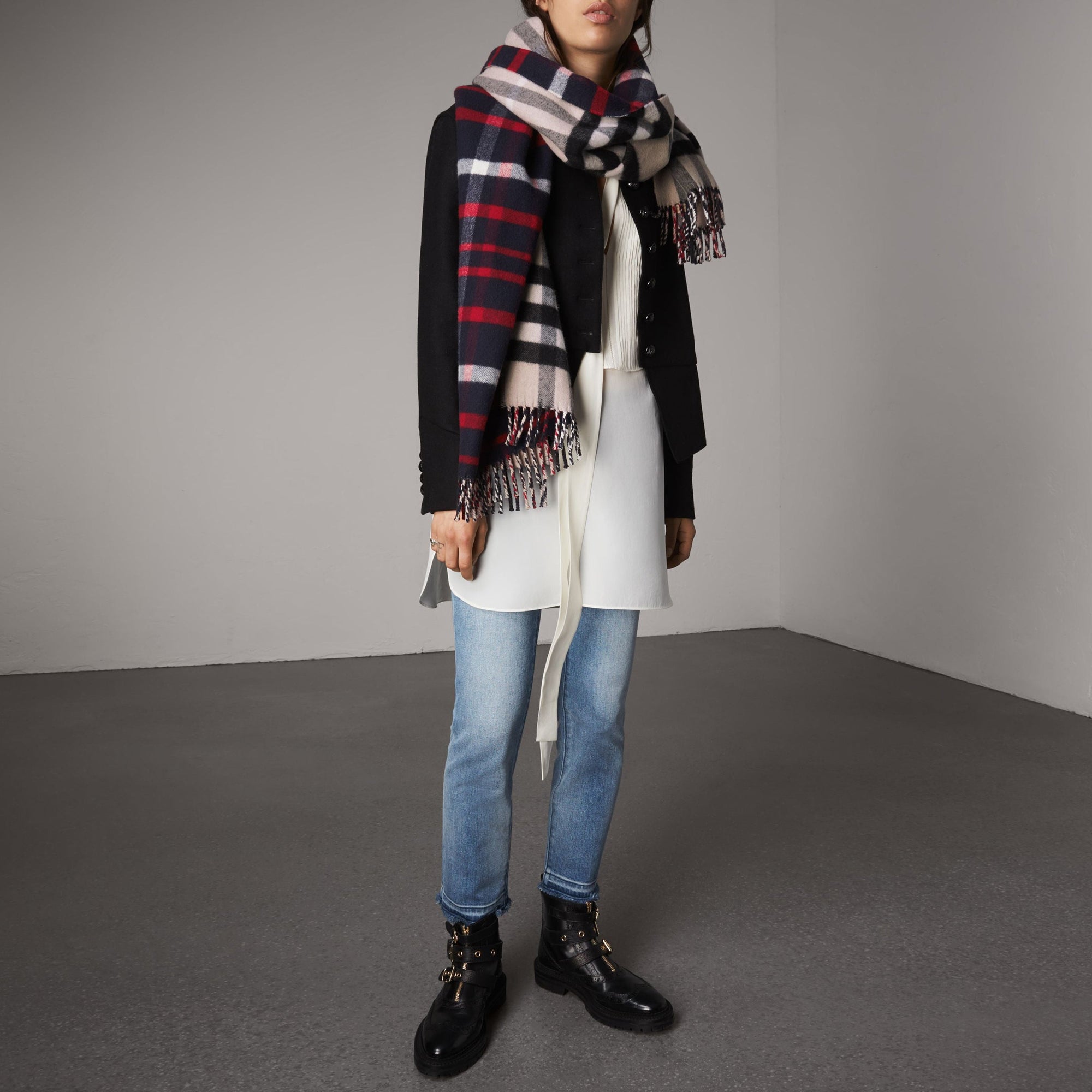 Écharpe oversize en laine et cachemire à motif check - Navy
