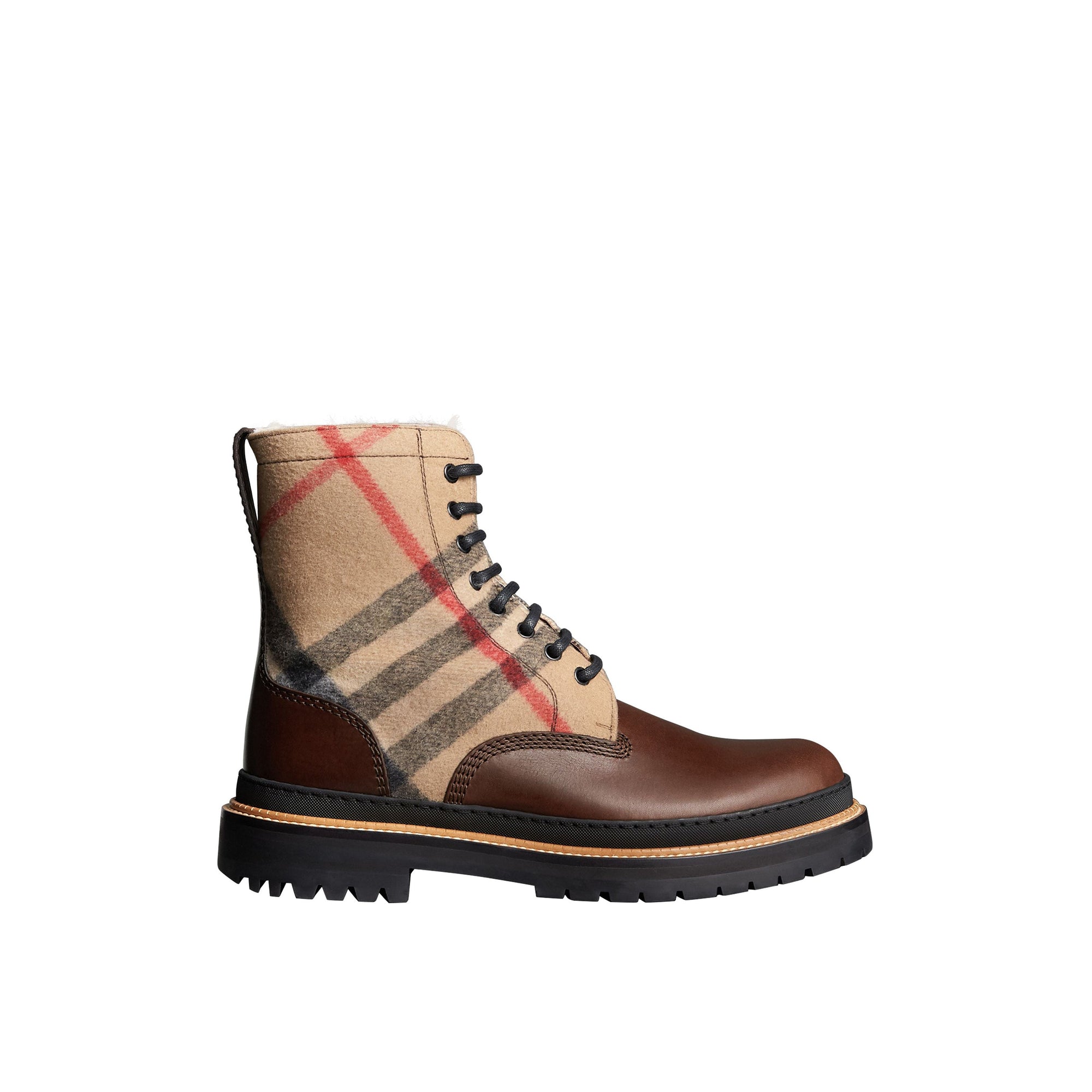 Bottines en cuir et check avec doublure en shearling - Mid Camel