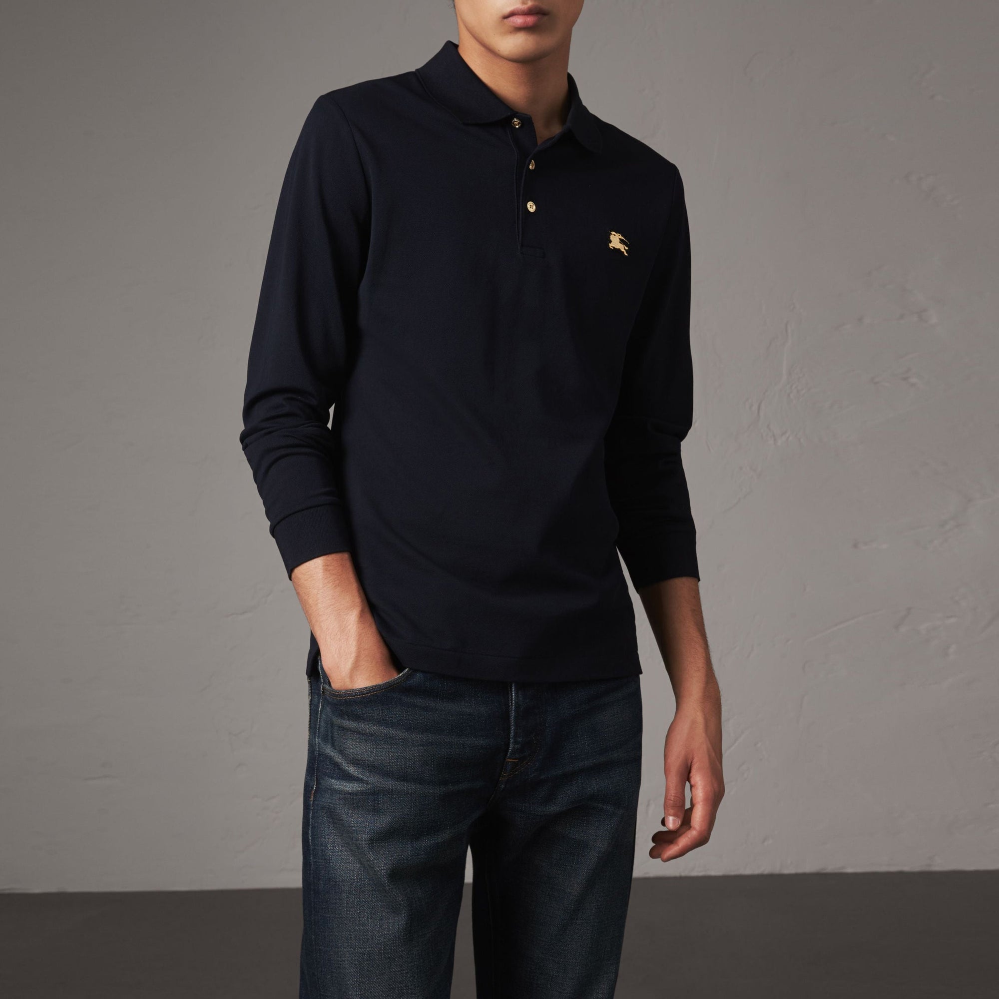 Polo en piqué de coton à manches longues - Navy