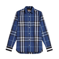 Chemise en coton mélangé à motif check avec revers à rayures - Cobalt Blue