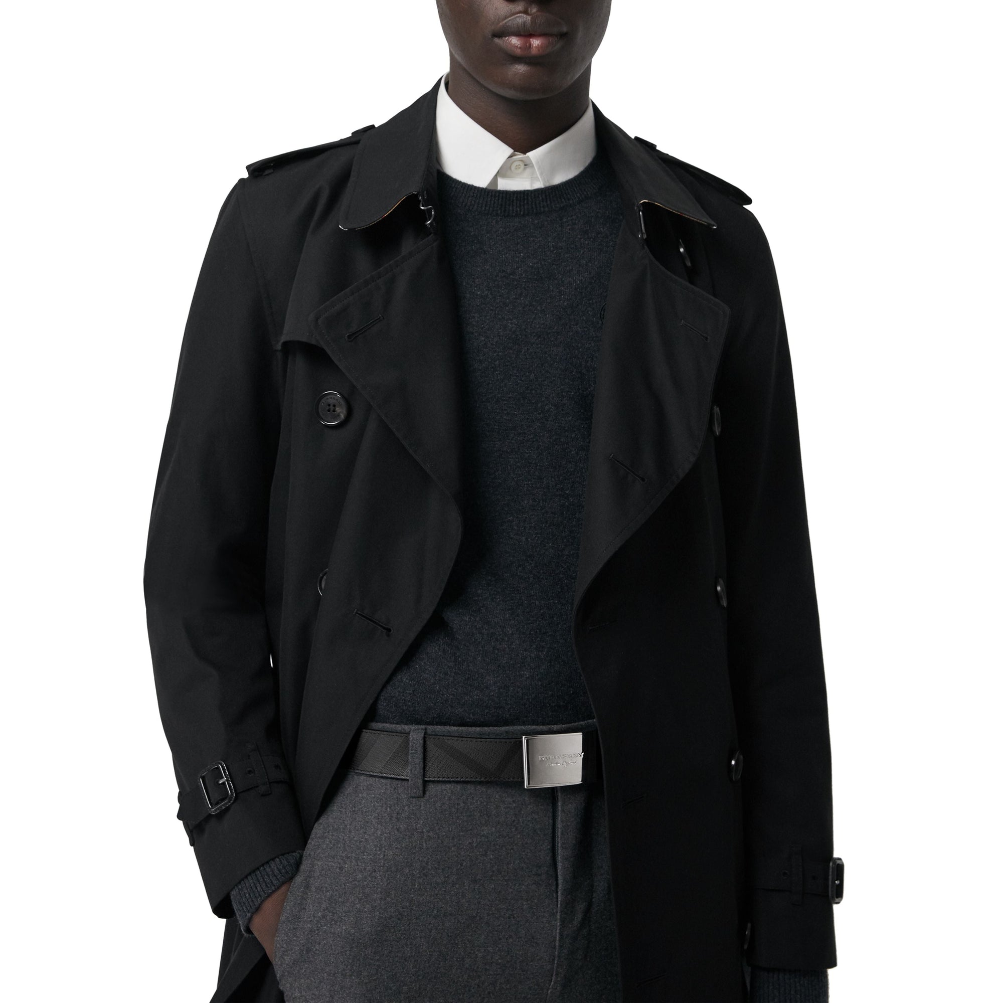 Ceinture en tissu London check et cuir avec boucle plaque - Charcoal & Black