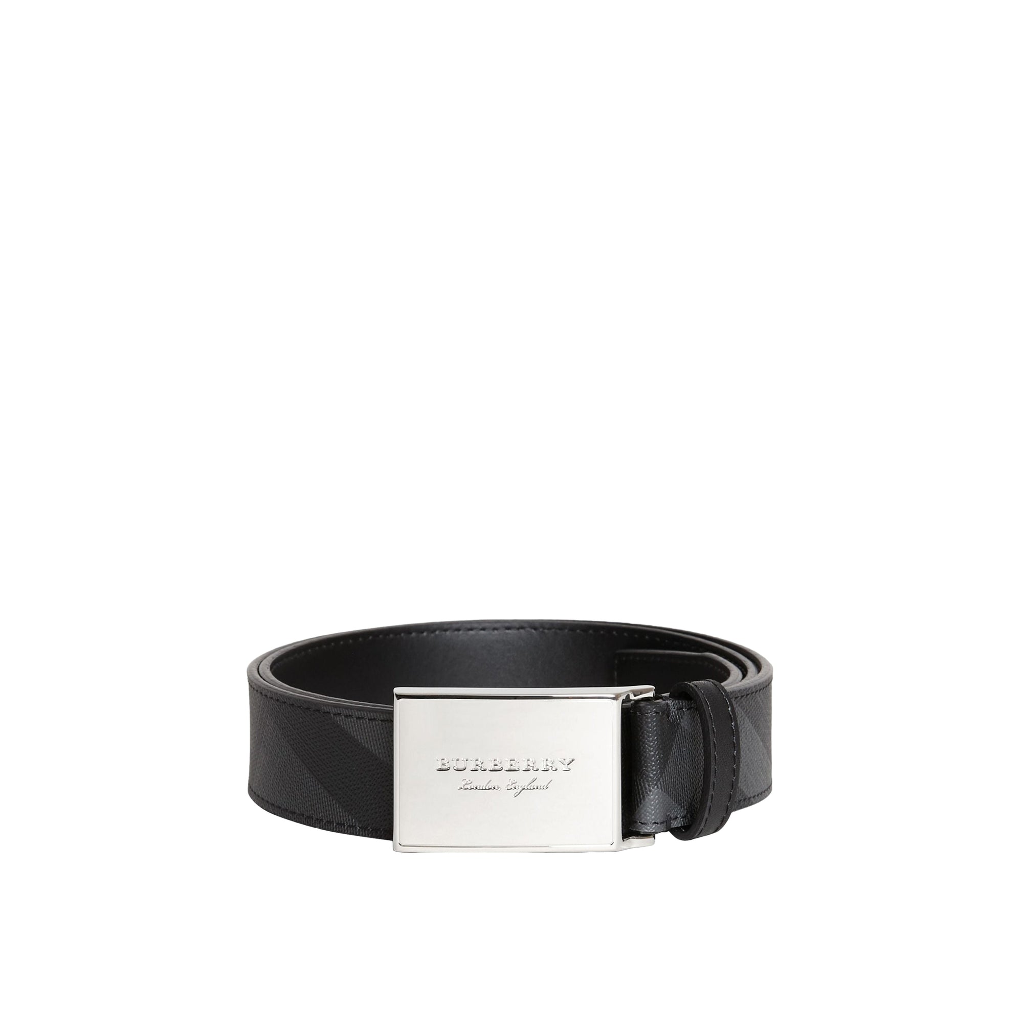 Ceinture en tissu London check et cuir avec boucle plaque - Charcoal & Black