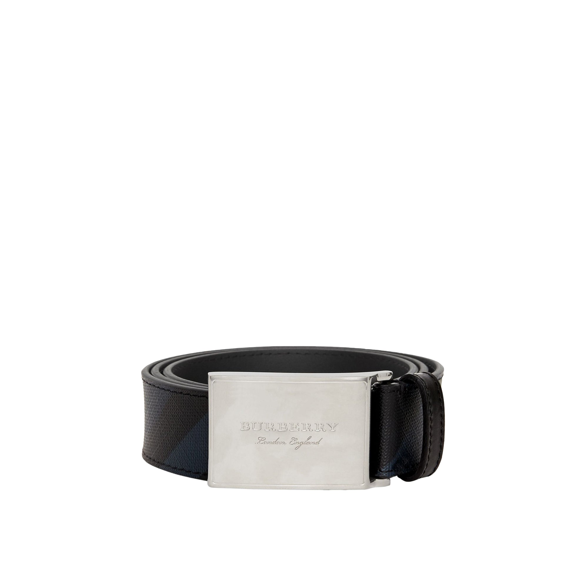 Ceinture en tissu London check et cuir avec boucle plaque - Navy & Black