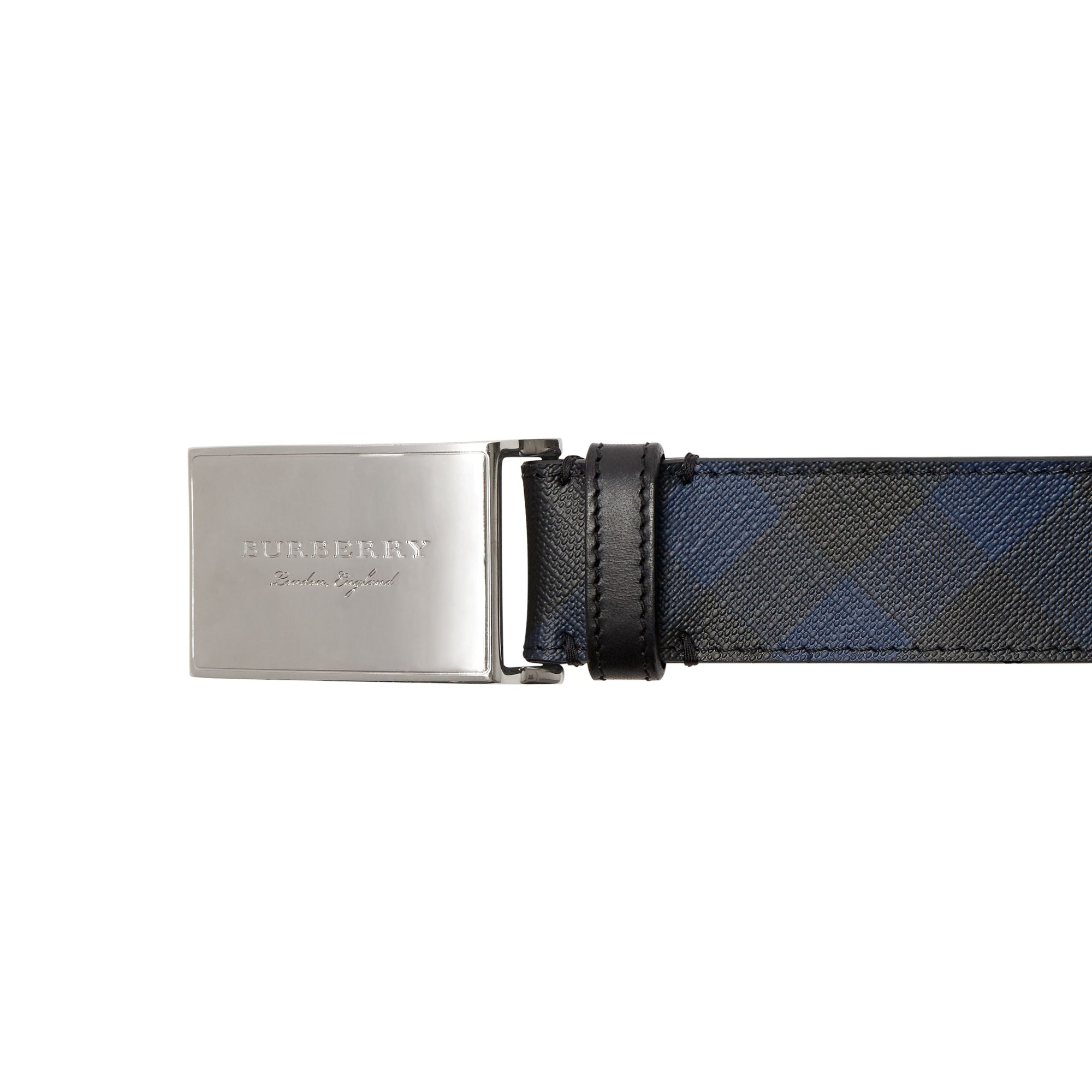 Ceinture en tissu London check et cuir avec boucle plaque - Navy & Black