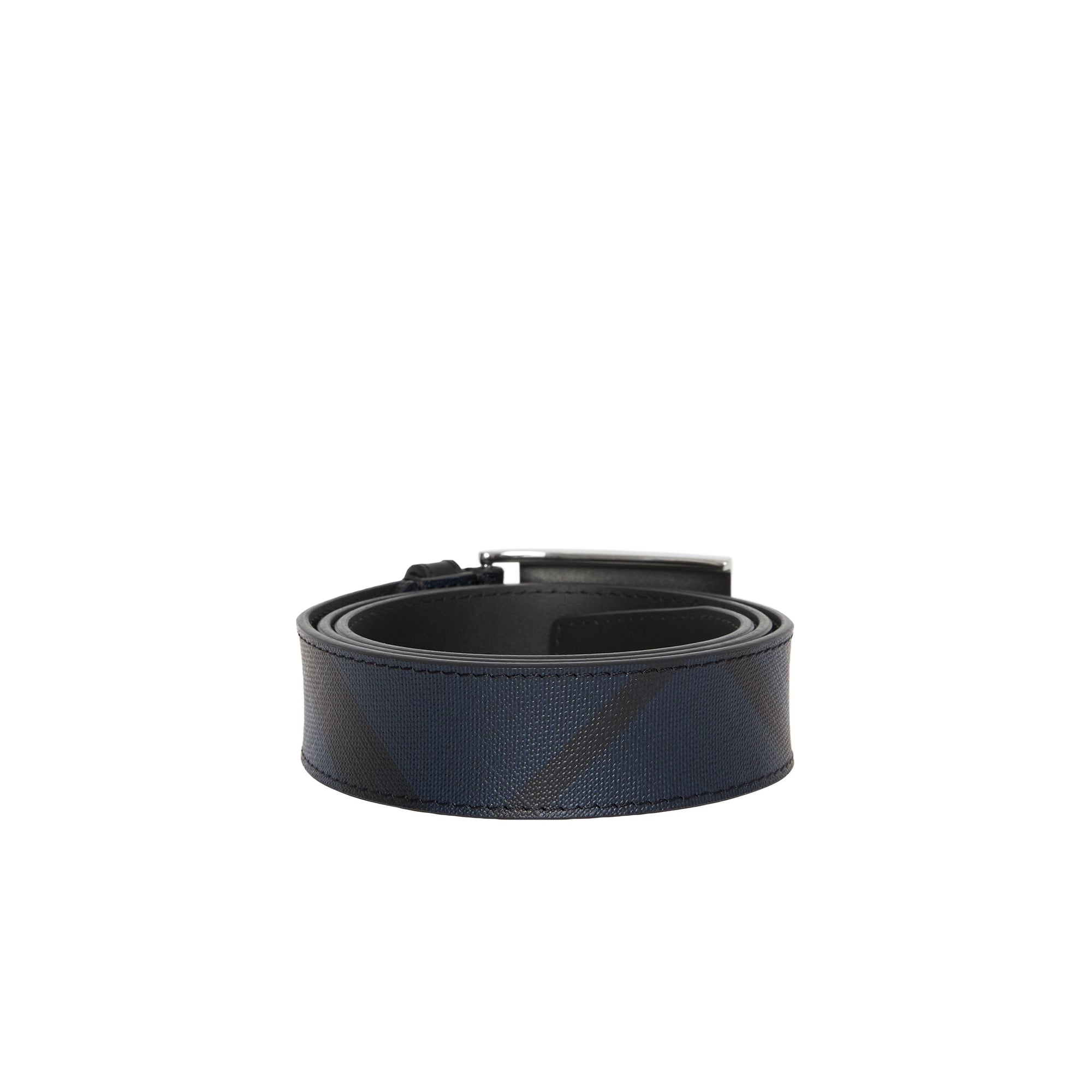 Ceinture en tissu London check et cuir avec boucle plaque - Navy & Black