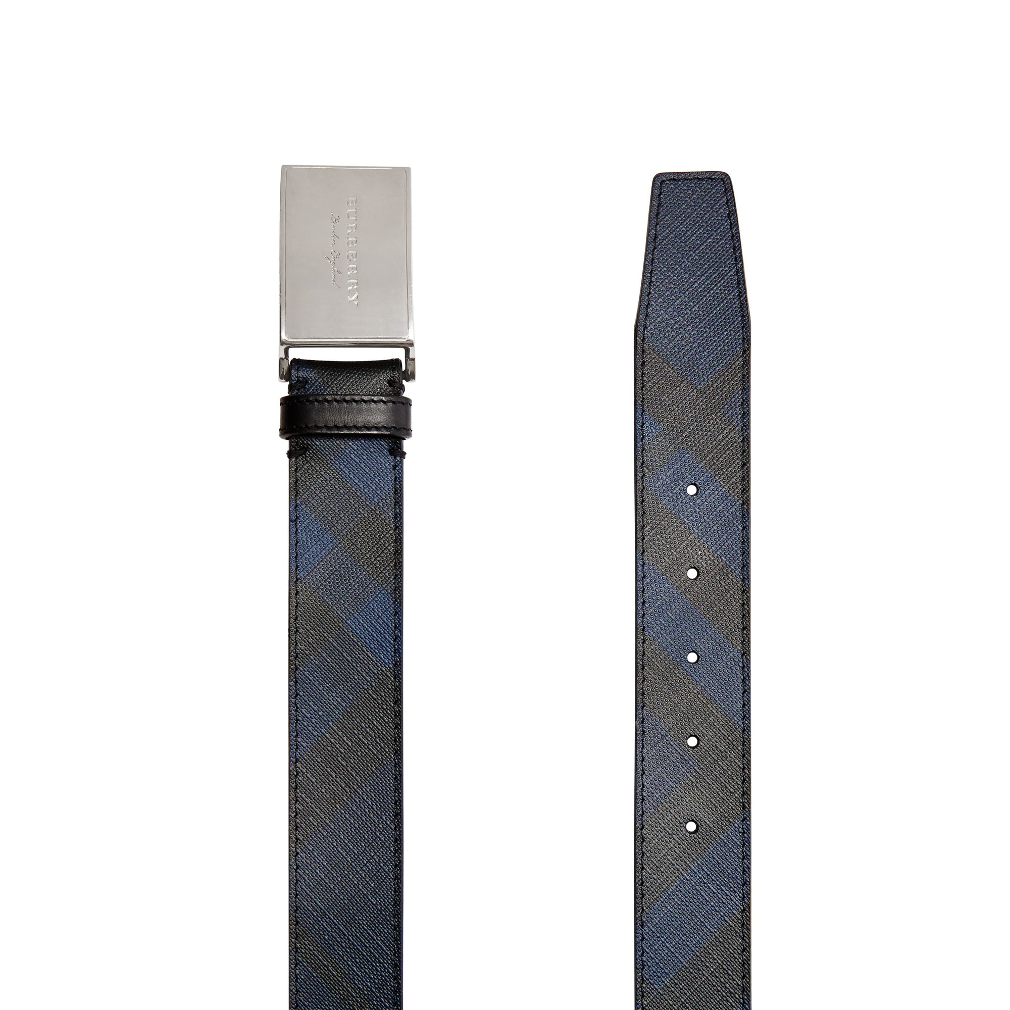 Ceinture en tissu London check et cuir avec boucle plaque - Navy & Black