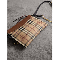 Clutch bicolore en cuir et tissu Haymarket check - Bright Toffee & Multi