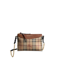 Clutch bicolore en cuir et tissu Haymarket check - Bright Toffee & Multi