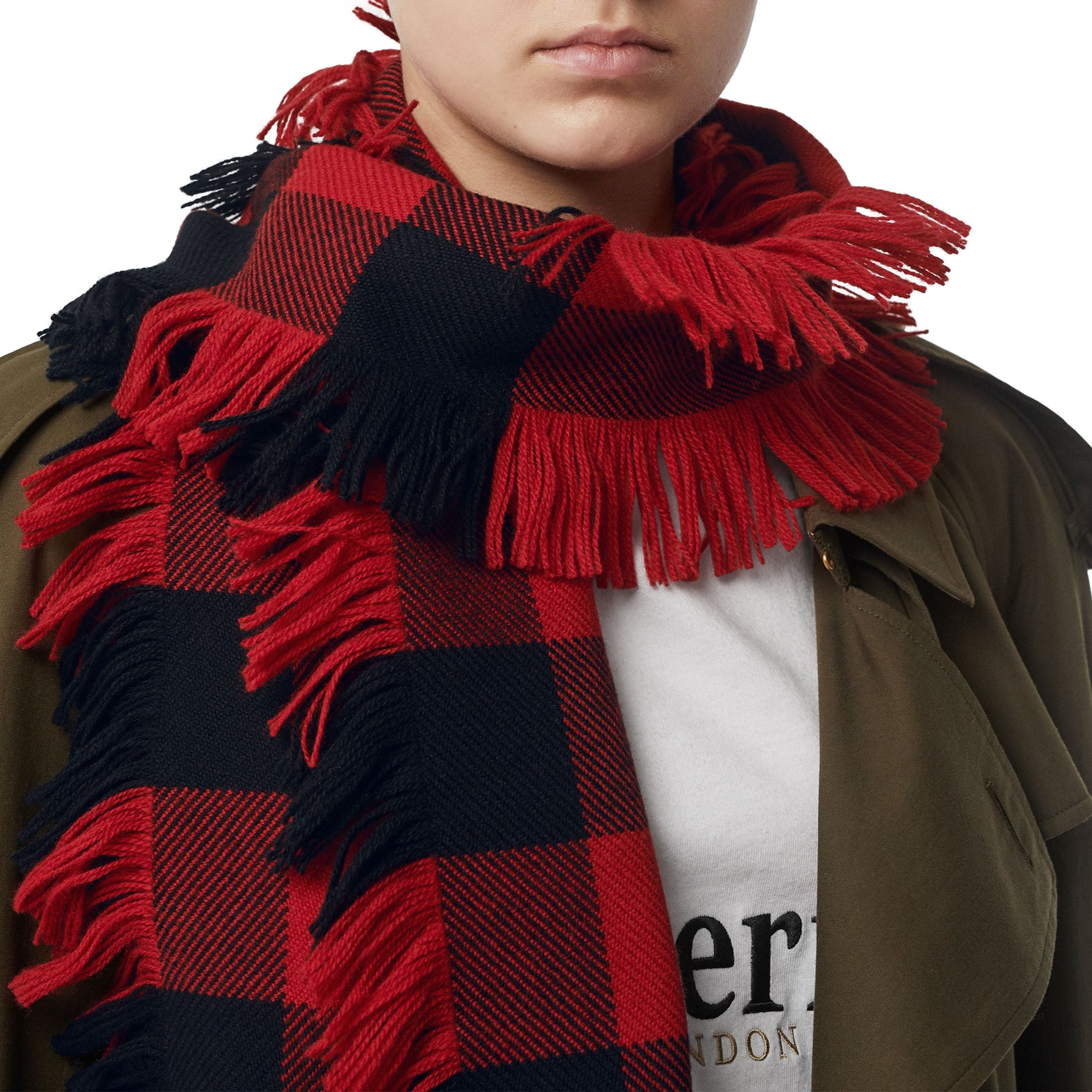 Écharpe en laine à motif check et à franges - Military Red