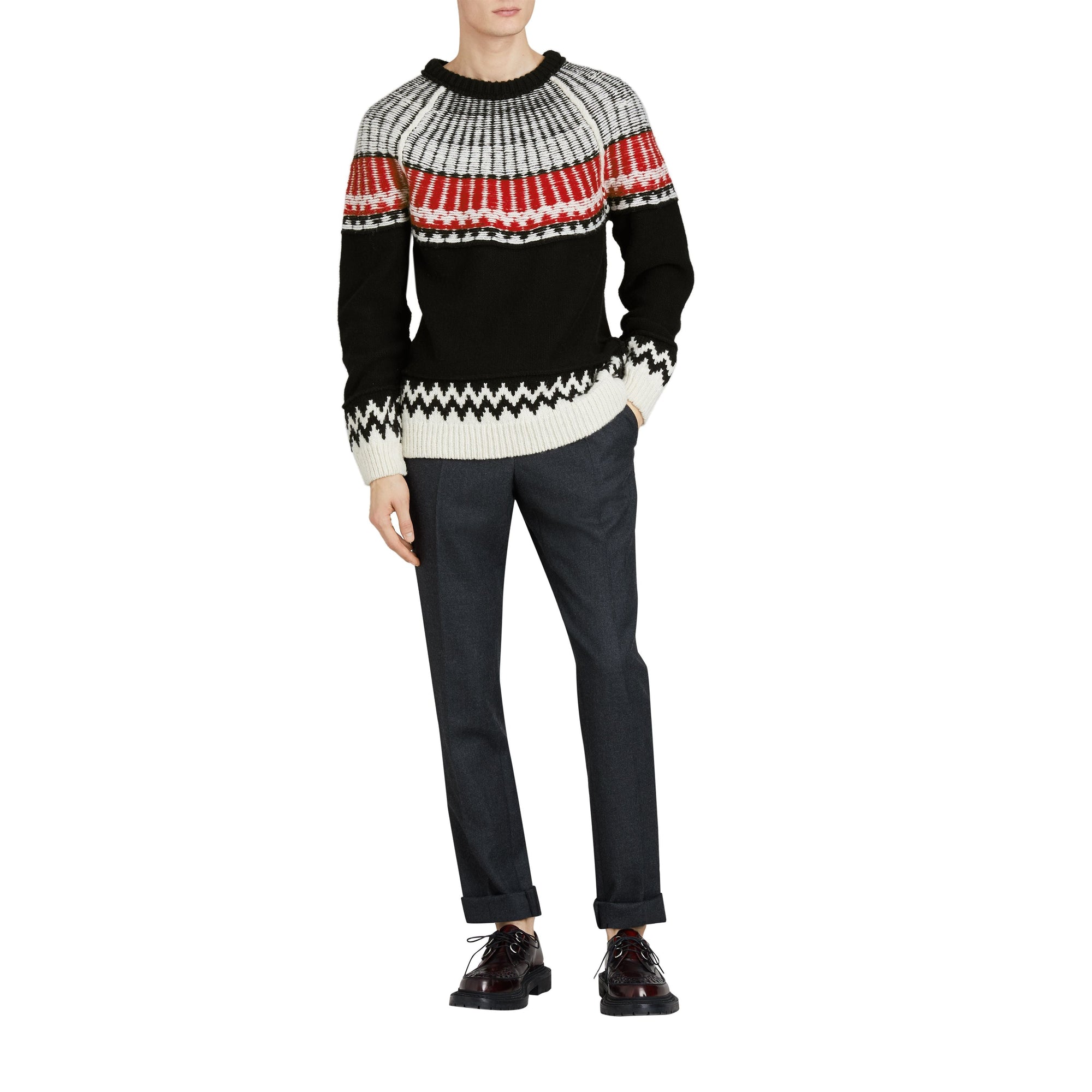 Pull en laine et cachemire à motif Fair Isle - Black & Military Red