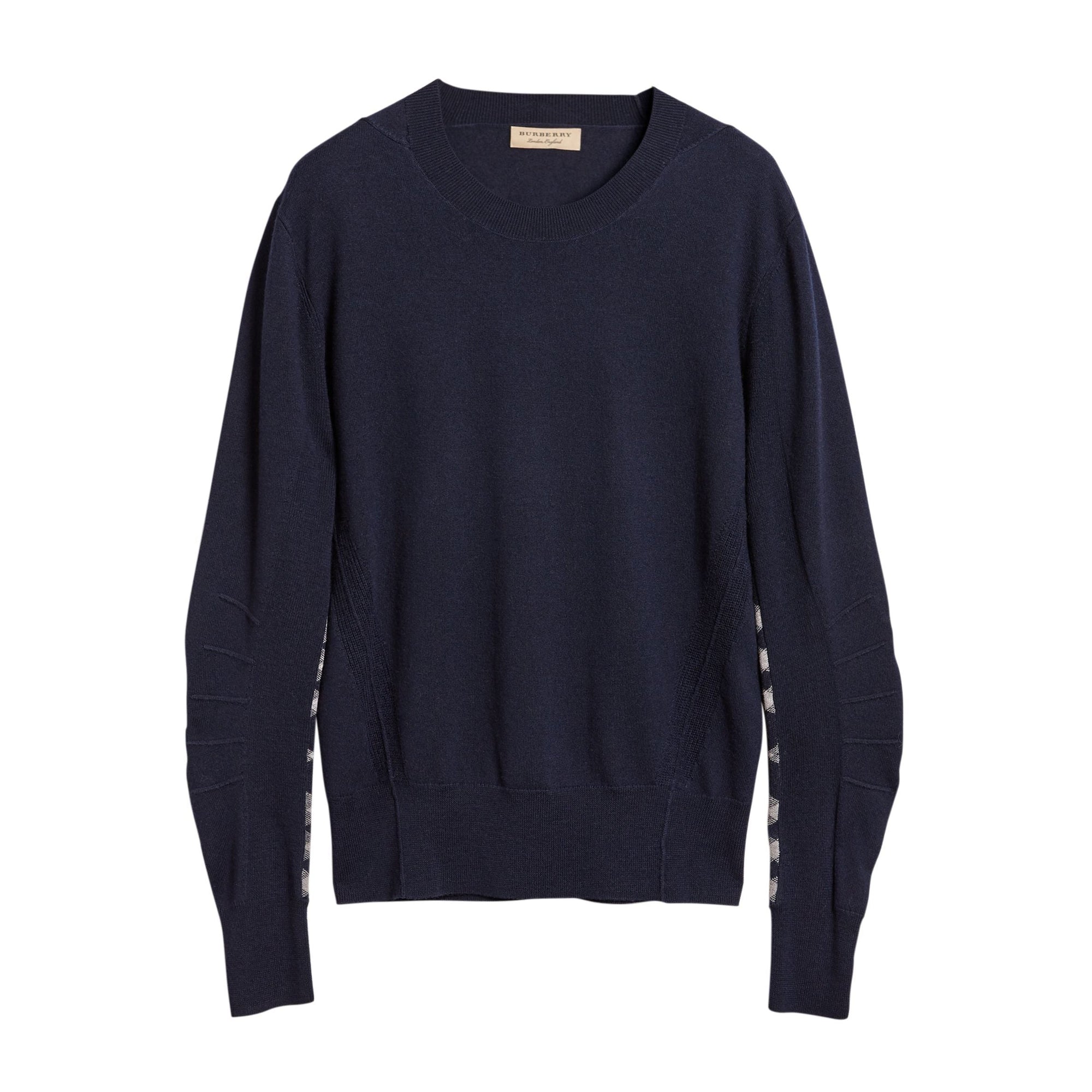 Pull en laine mérinos à détails check - Navy