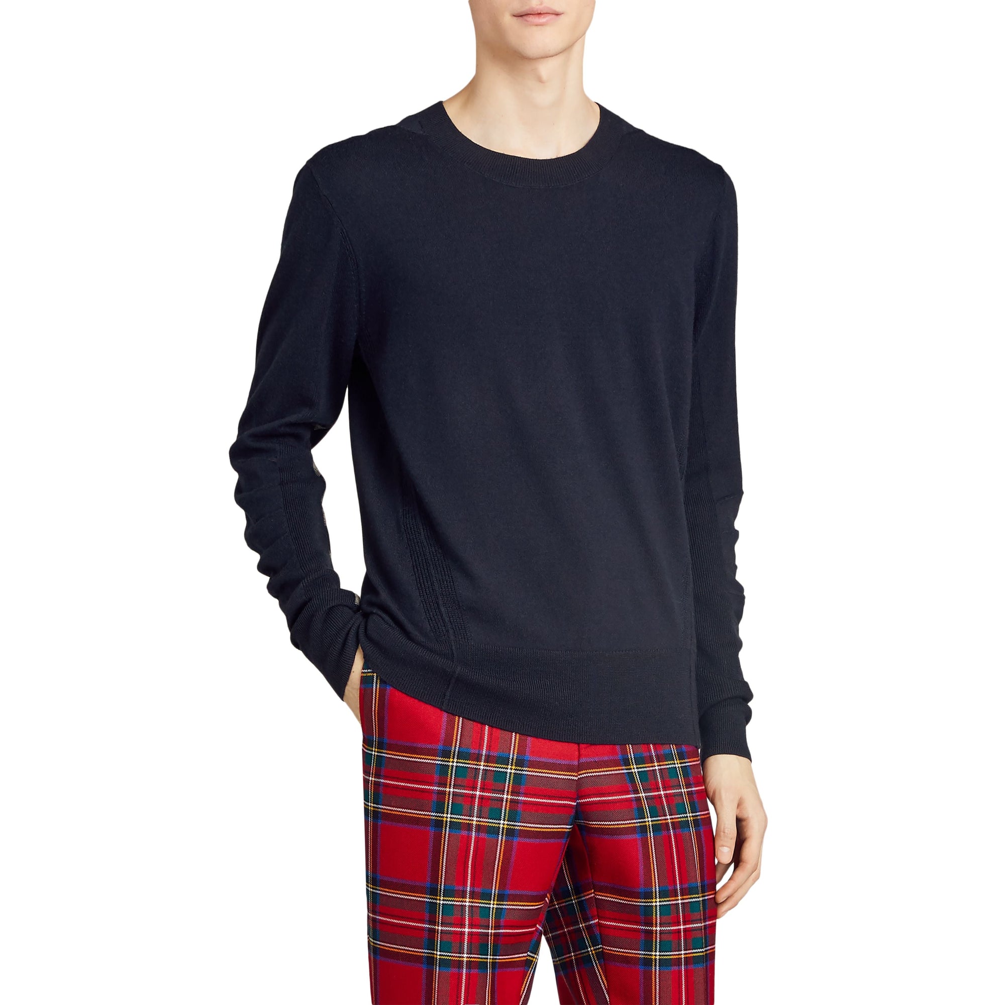 Pull en laine mérinos à détails check - Navy