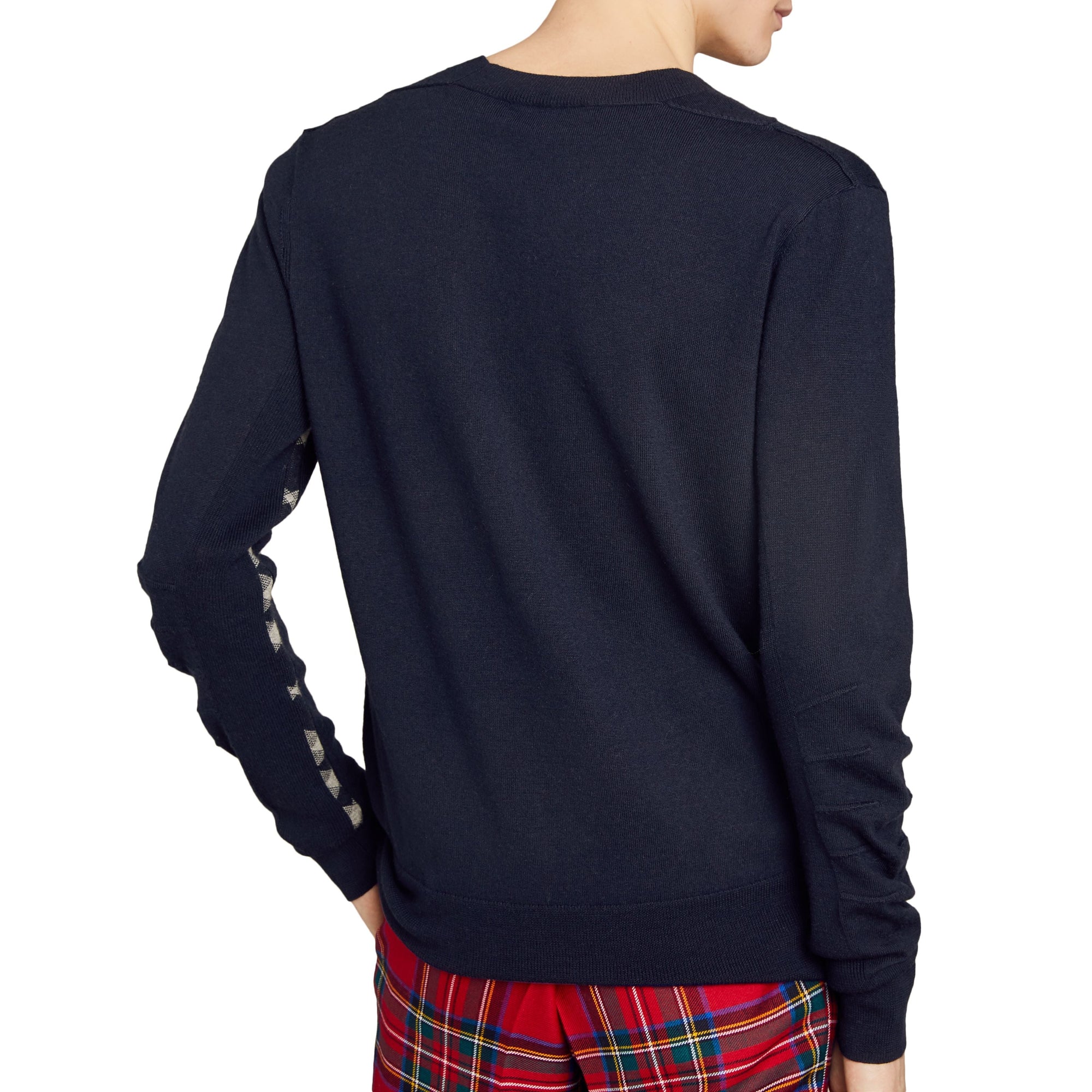 Pull en laine mérinos à détails check - Navy