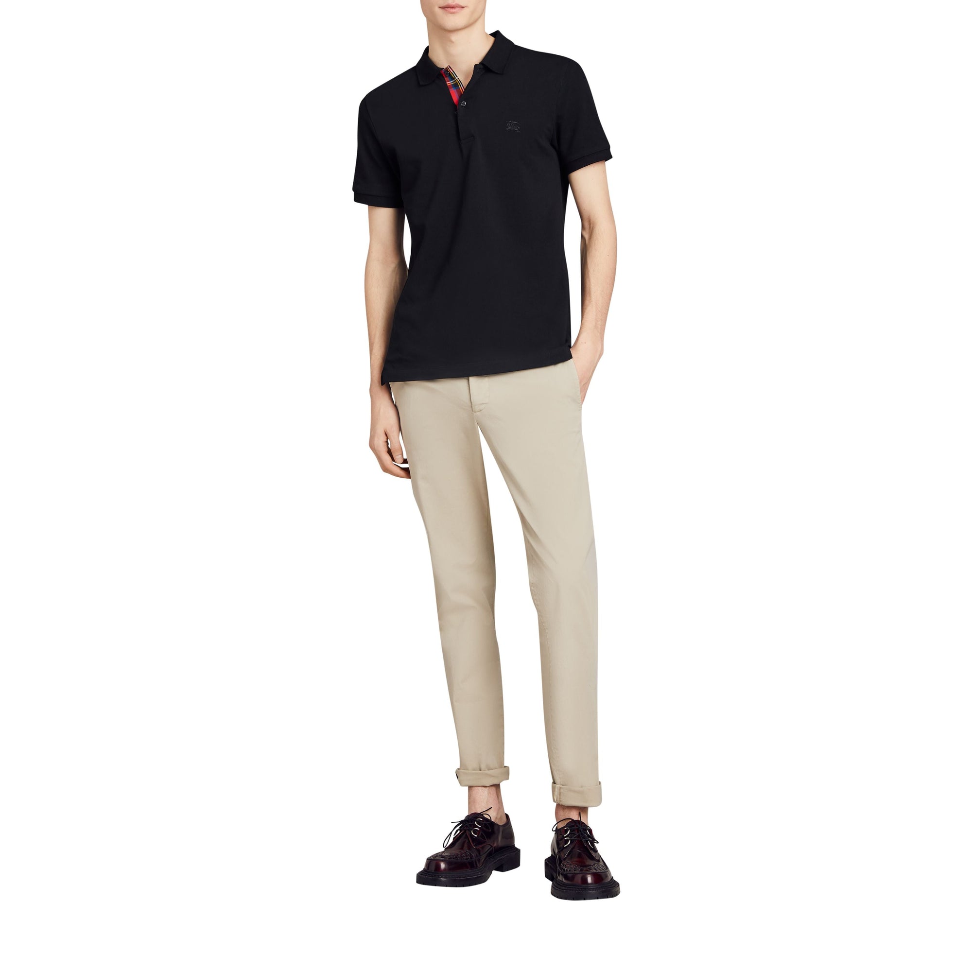 Polo en piqué de coton avec détails tartan - Black