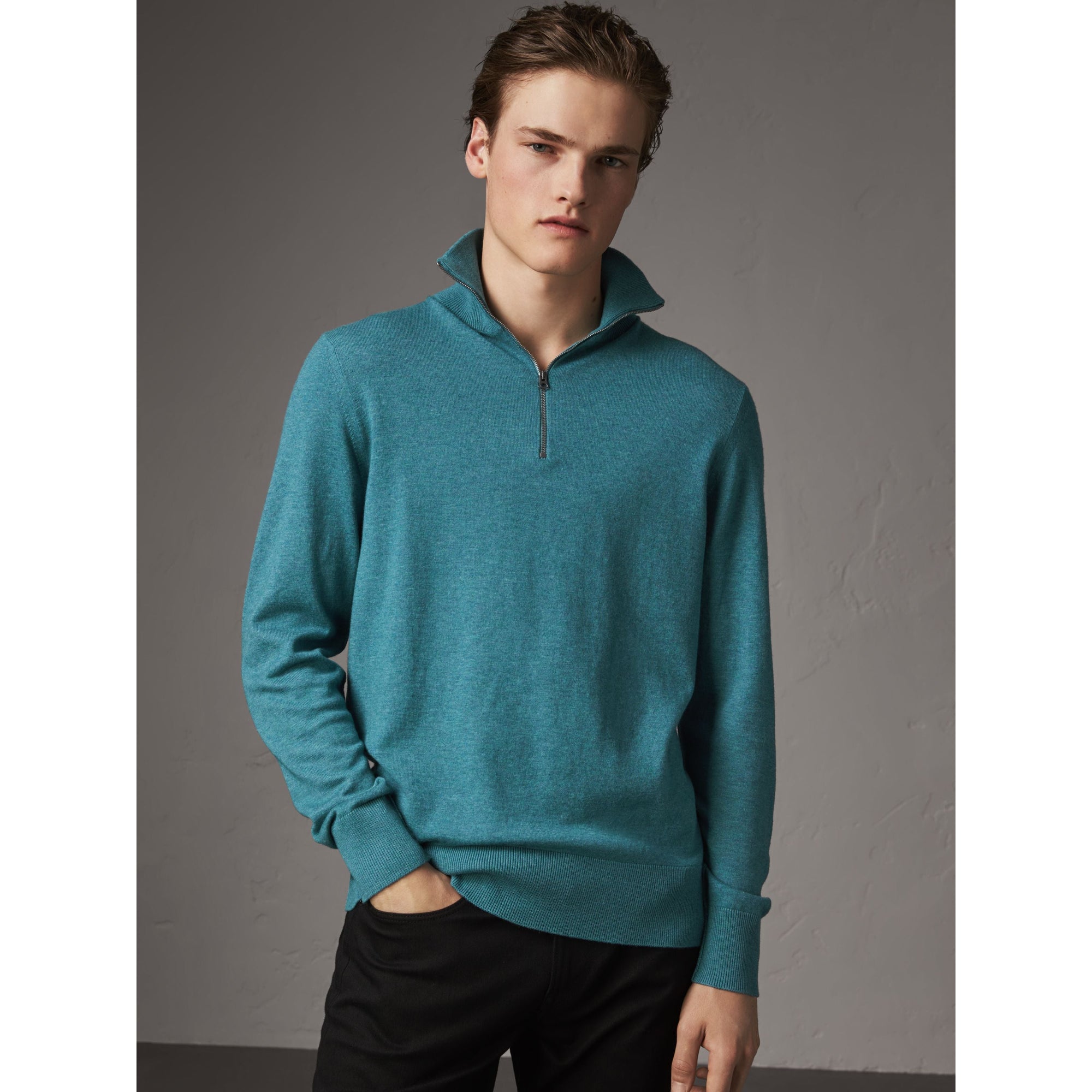 Pull en cachemire et coton à col zippé - Grey Blue