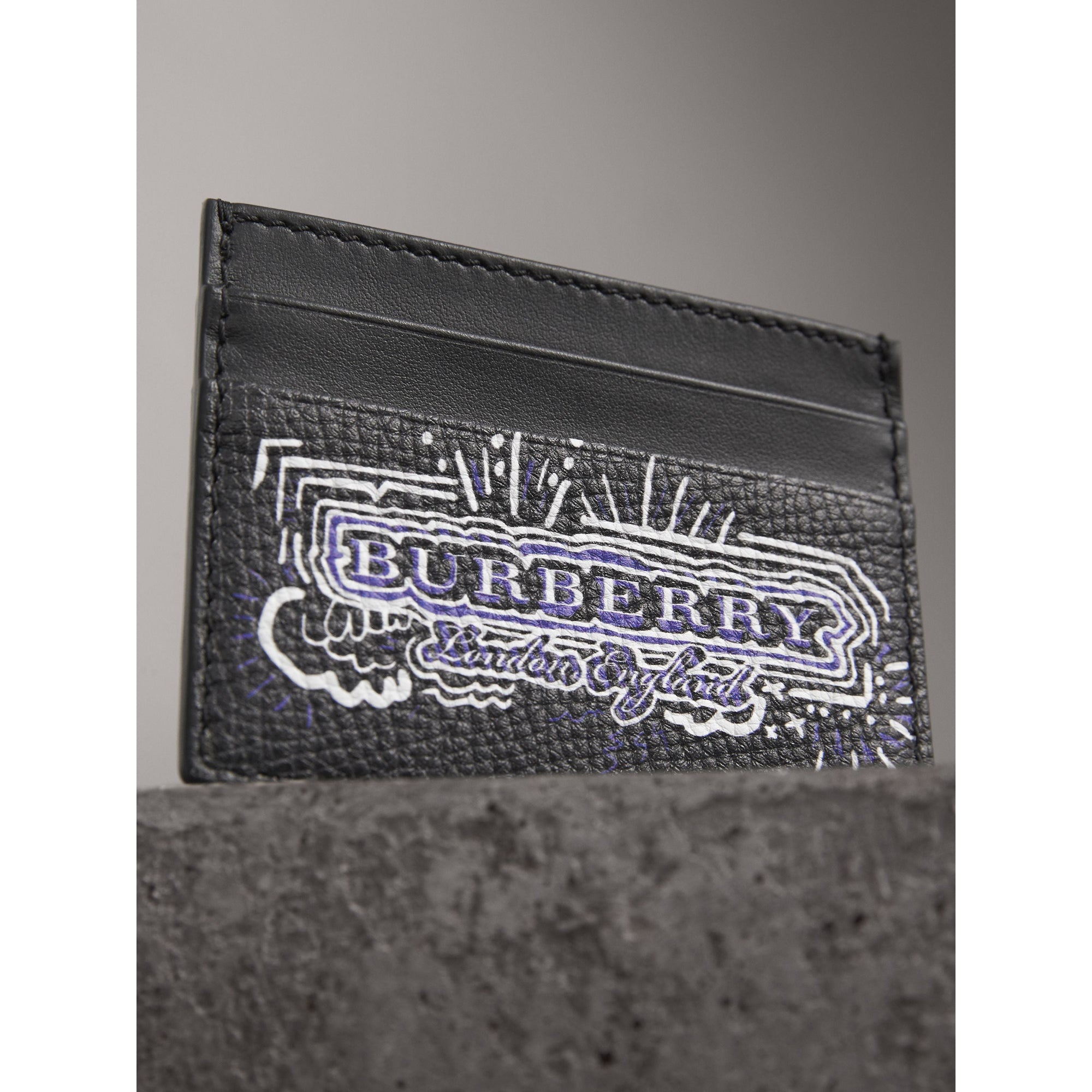 Porte-cartes en cuir à imprimé doodle - Black