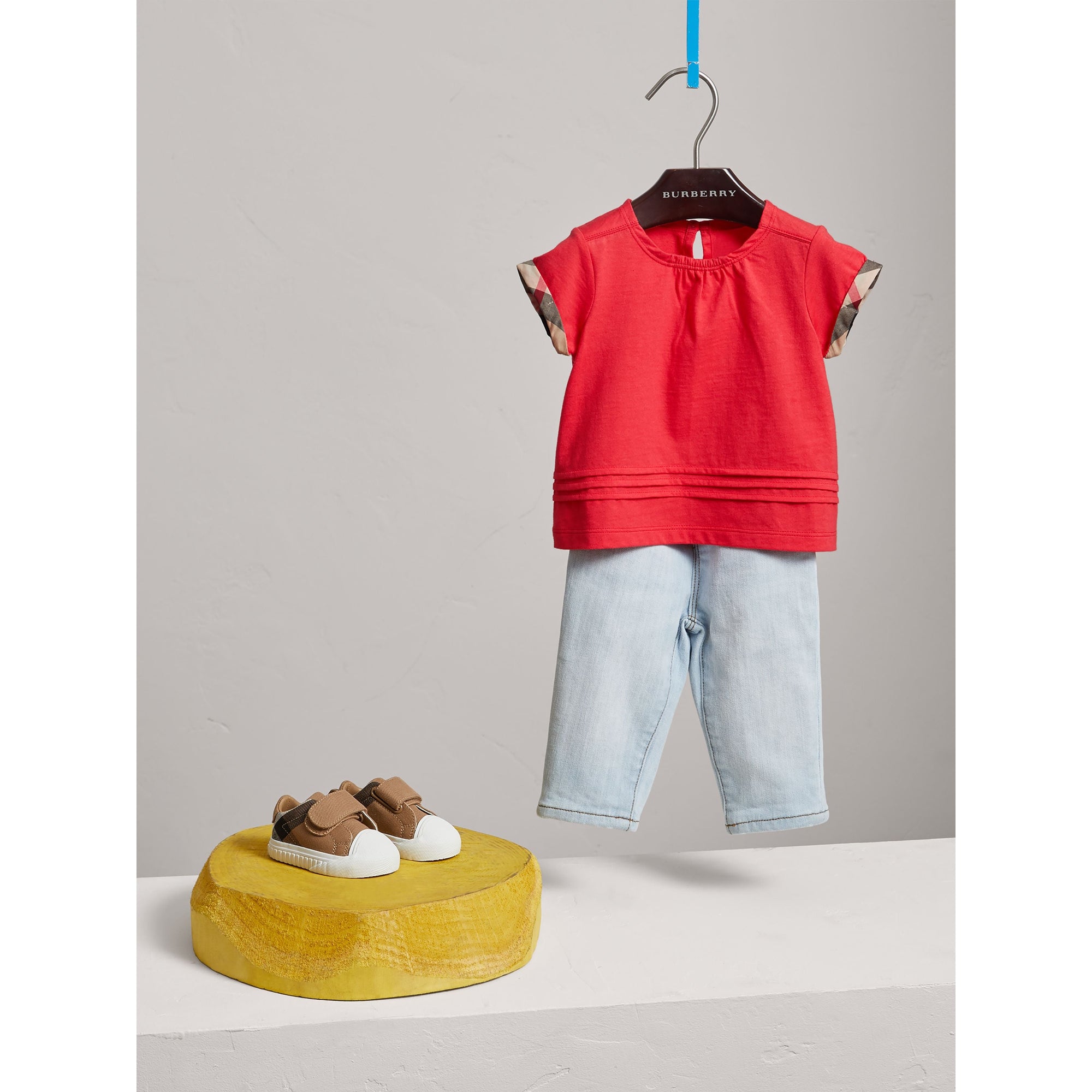 T-shirt en coton avec plis et motif check - Bright Orange Red
