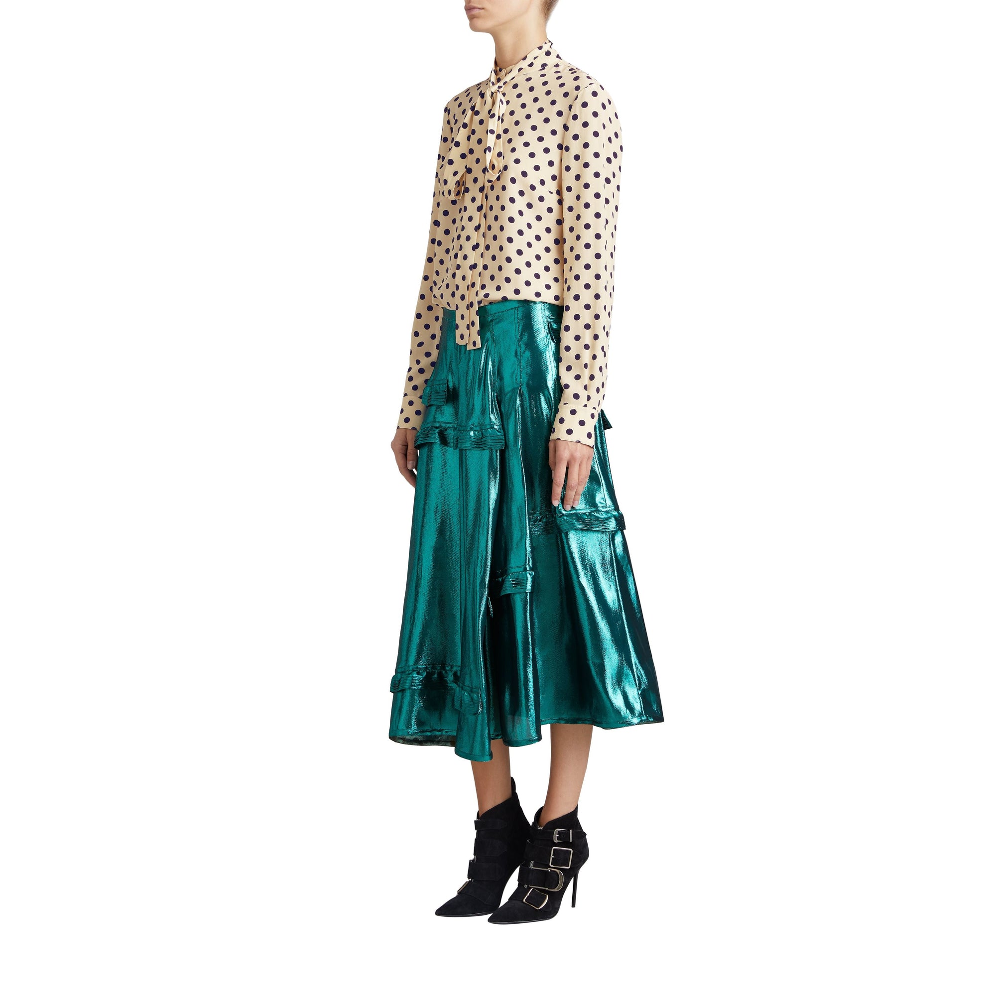 Chemise à col lavallière en soie à pois - Navy
