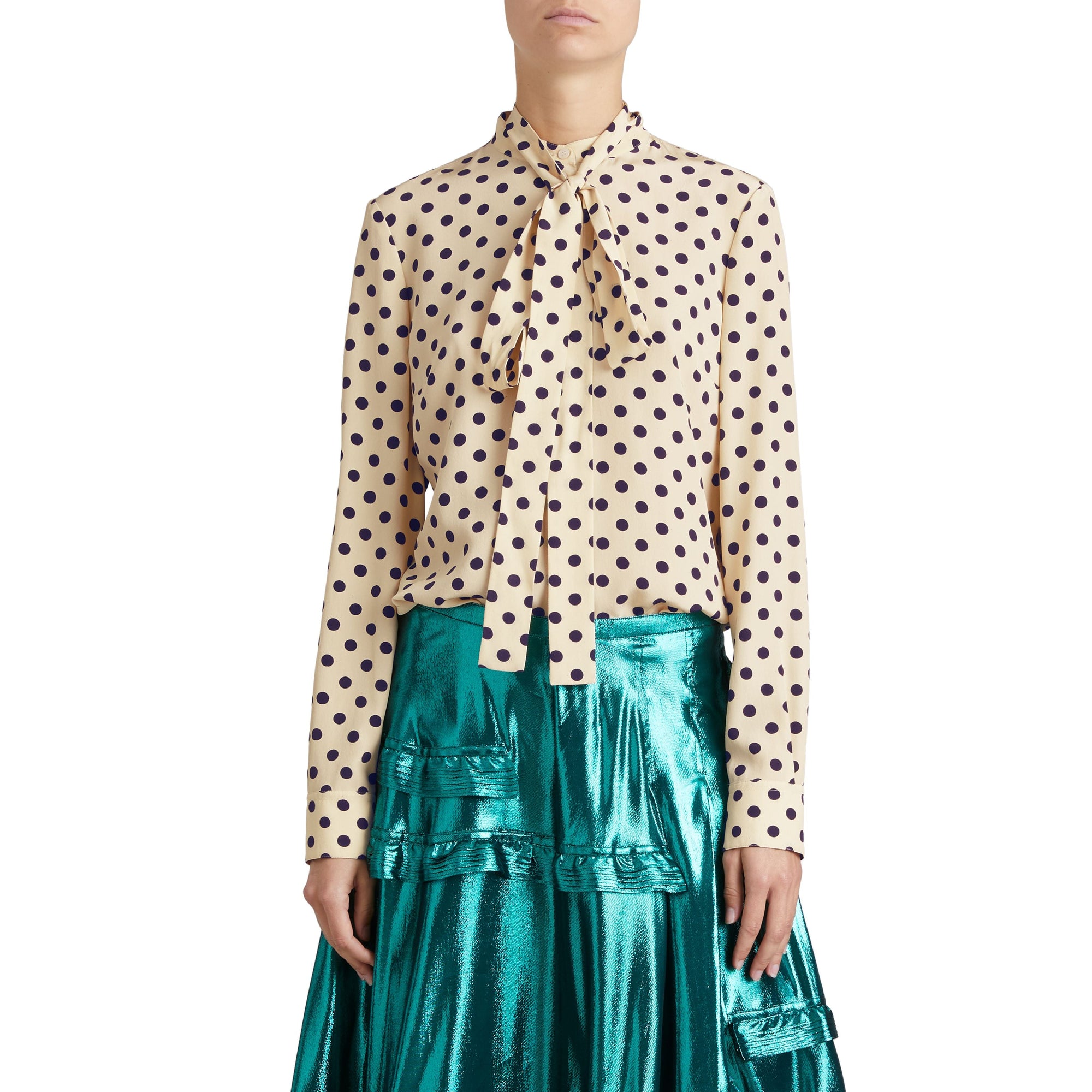 Chemise à col lavallière en soie à pois - Navy