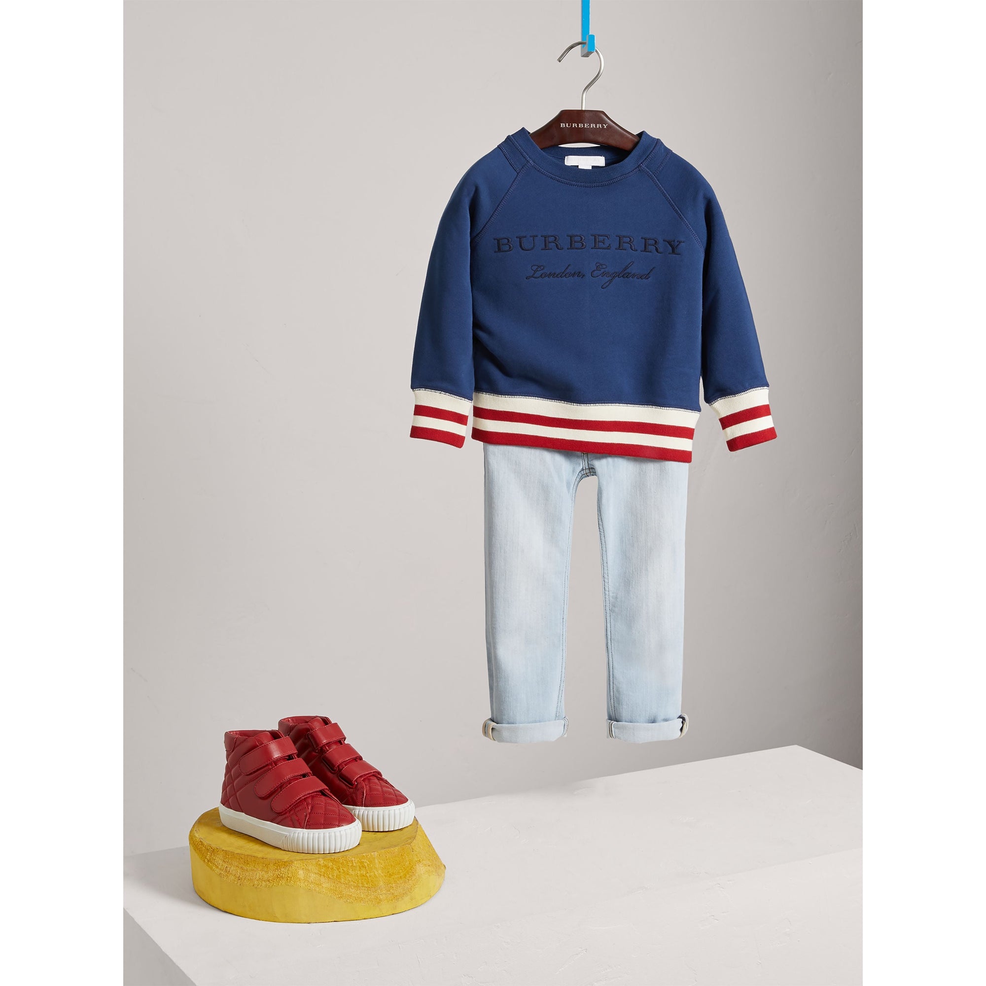 Sweat-shirt en jersey de coton brodé avec base rayée - Canvas Blue
