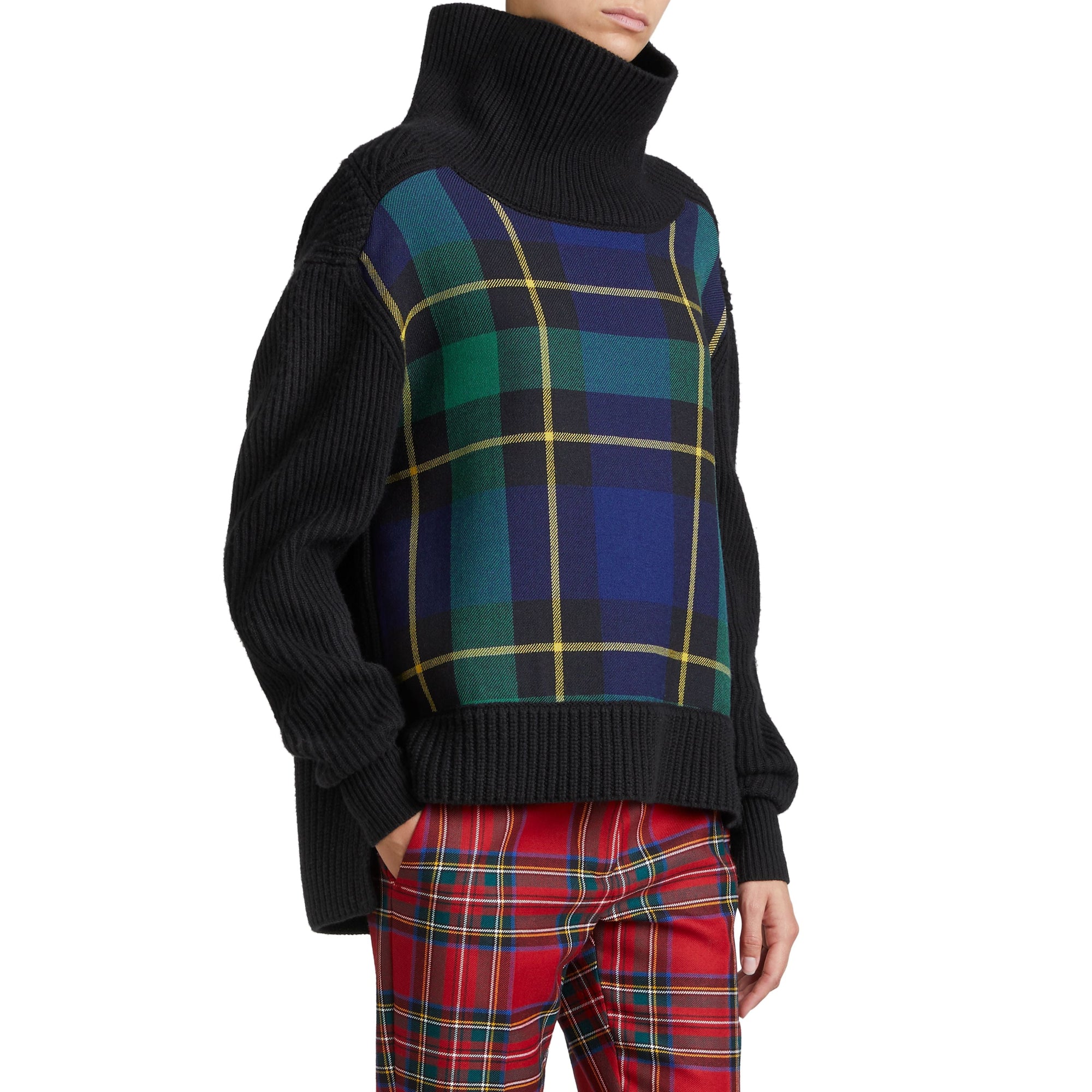Pull à col roulé en laine-cachemire avec panneau en tartan - Black