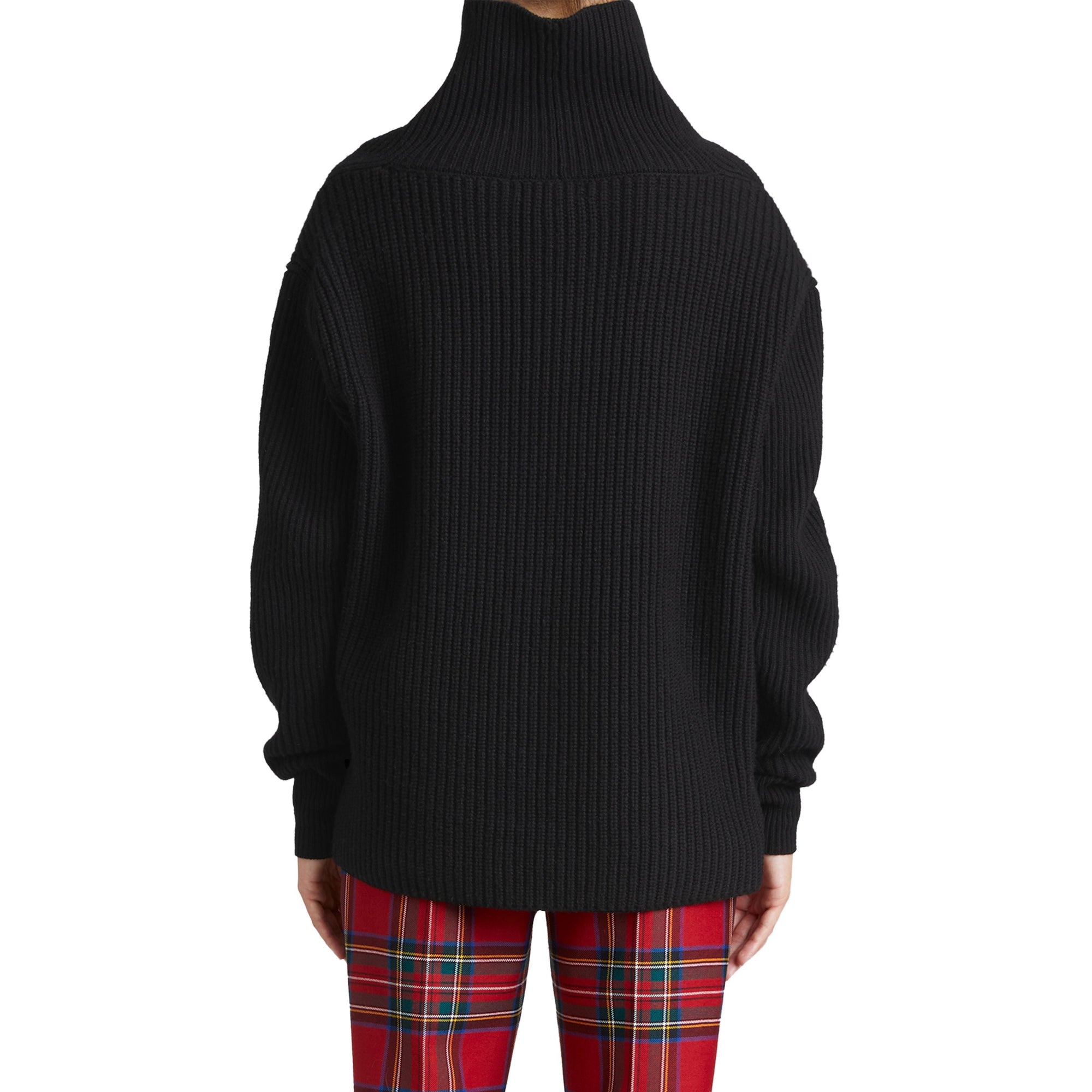 Pull à col roulé en laine-cachemire avec panneau en tartan - Black