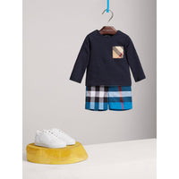Haut en coton à manches longues avec poche à motif check - True Navy
