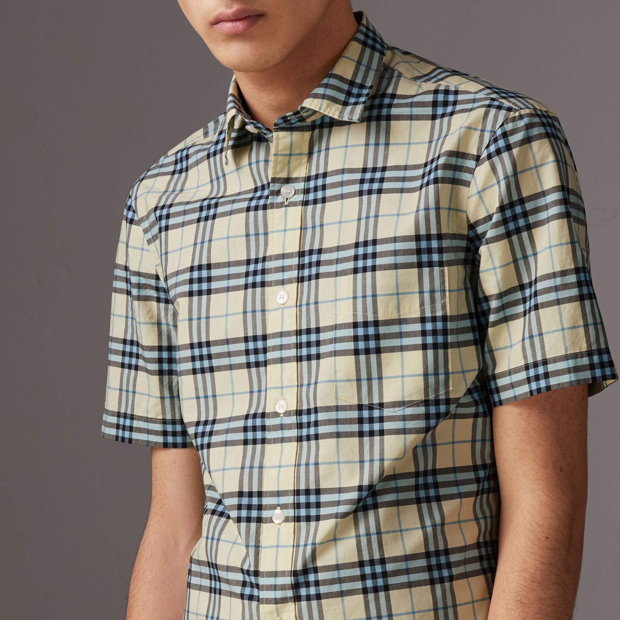 Chemise en coton à manches courtes avec motif check - Chalk Yellow