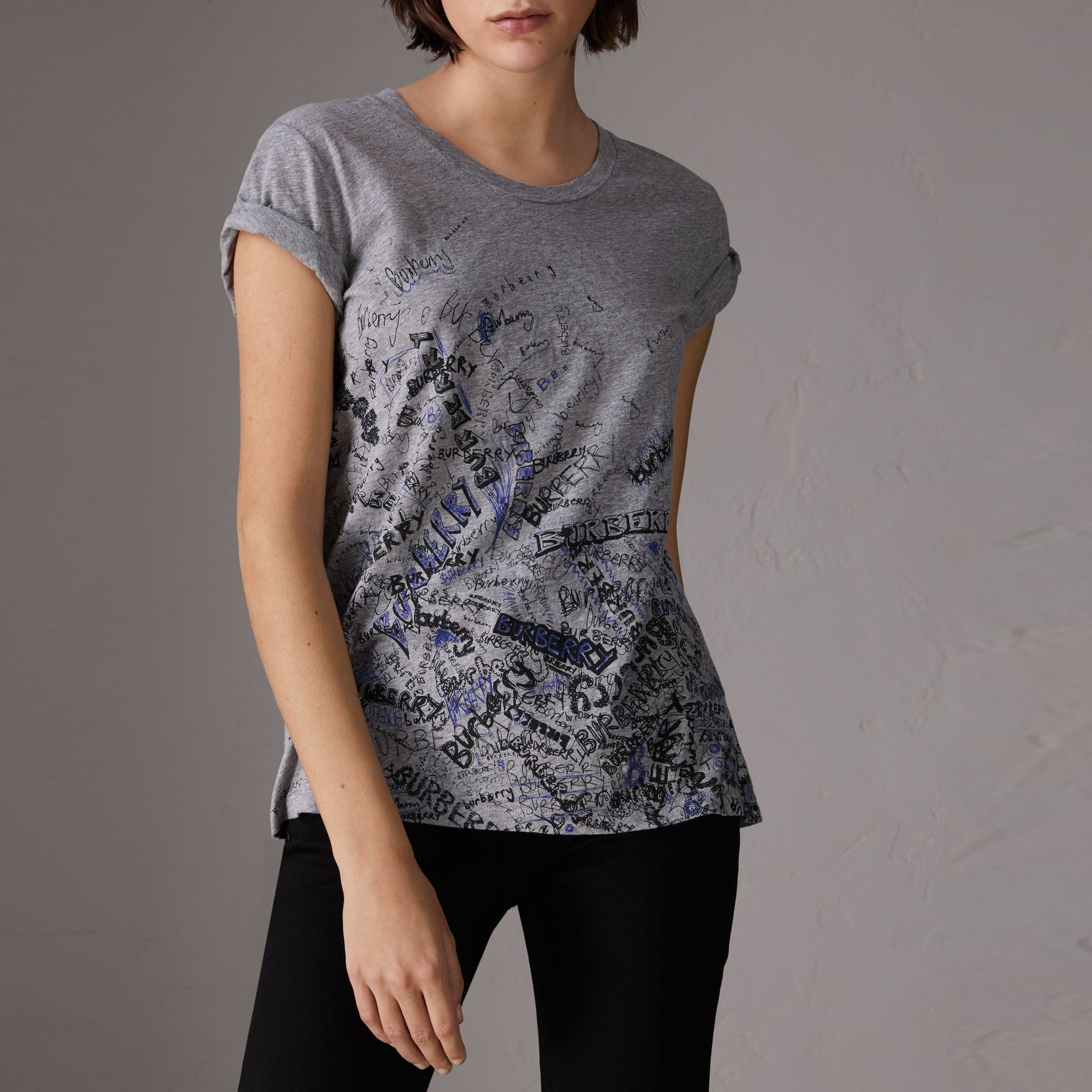T-shirt en coton avec imprimé Doodle - Pale Grey Melange