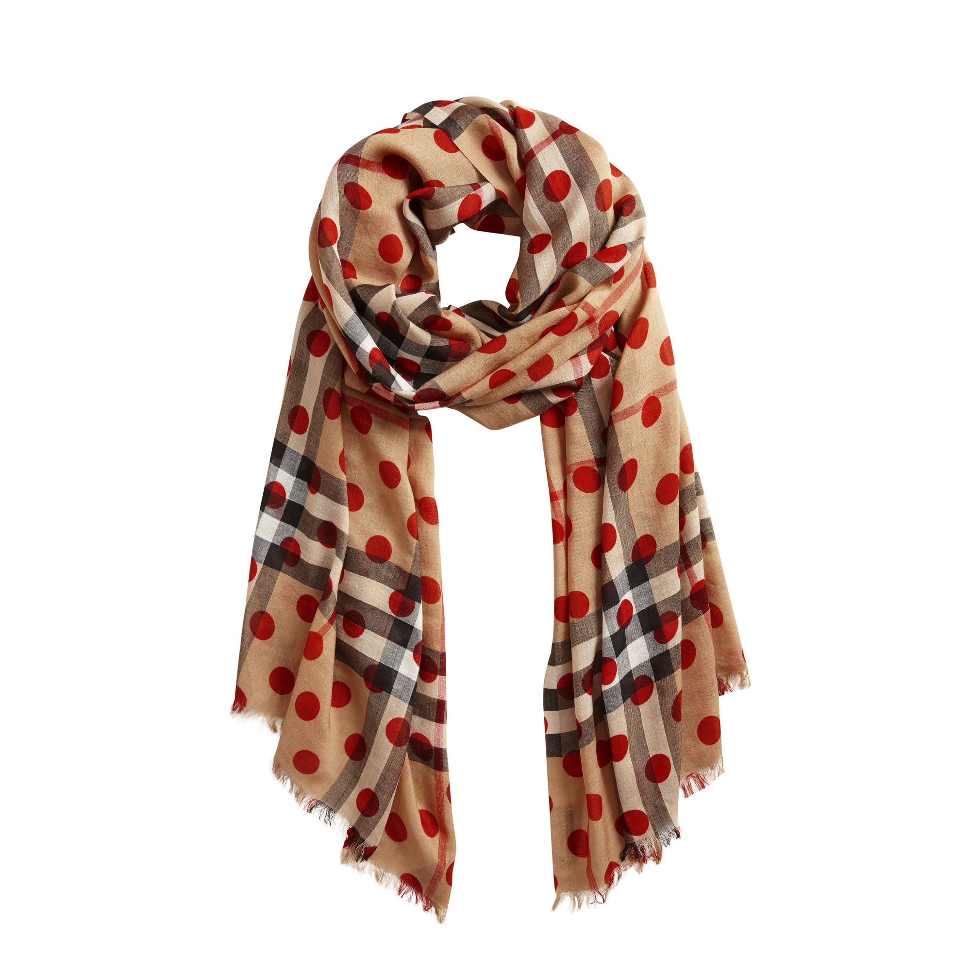 Écharpe légère en laine et soie à motif check et imprimé à pois - Military Red