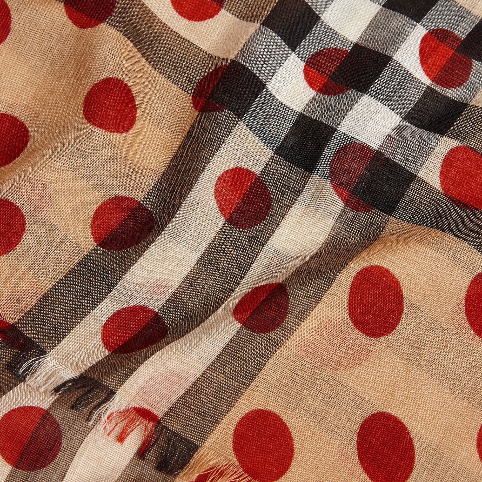 Écharpe légère en laine et soie à motif check et imprimé à pois - Military Red