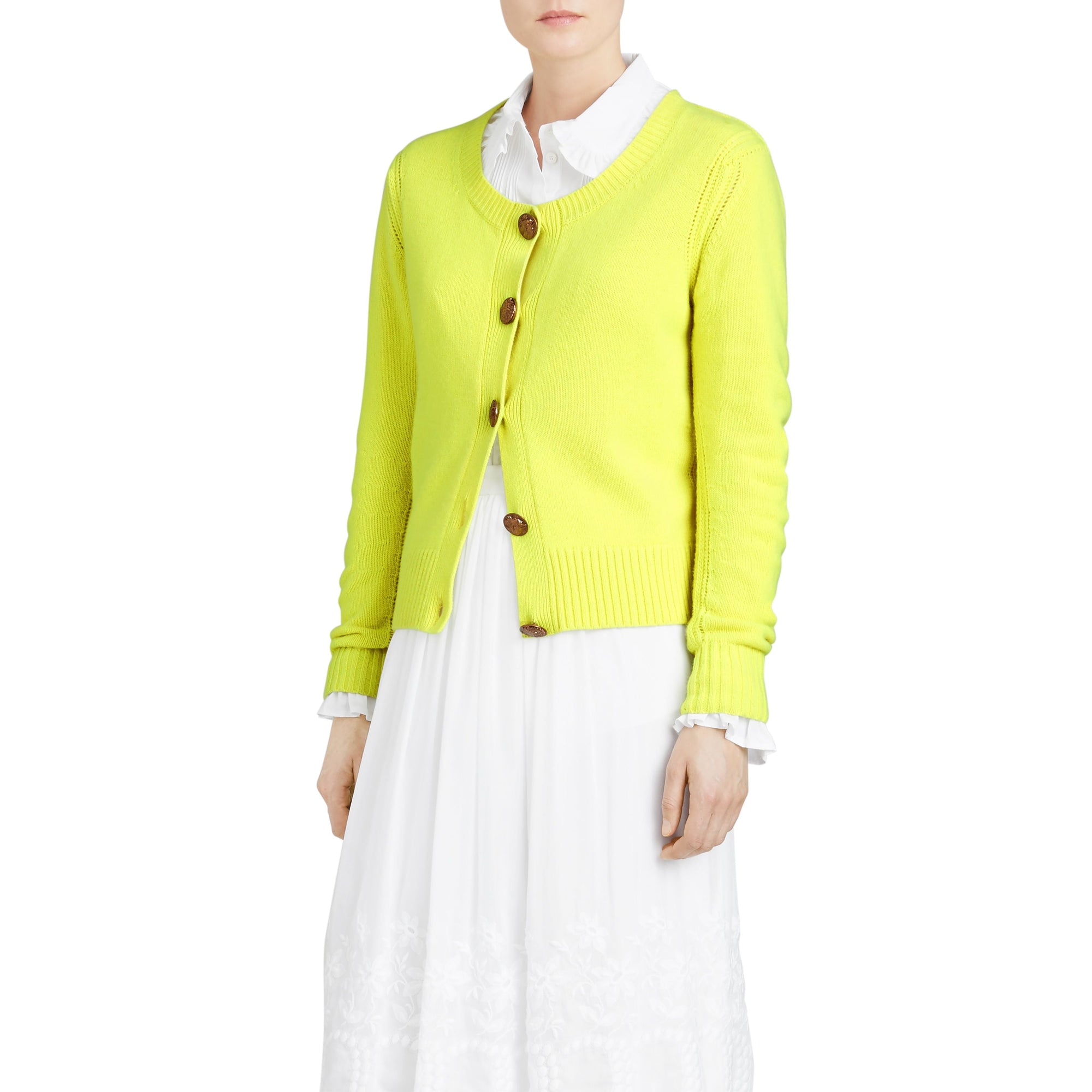 Cardigan en cachemire avec boutons à motif d'oiseau - Bright Citrine