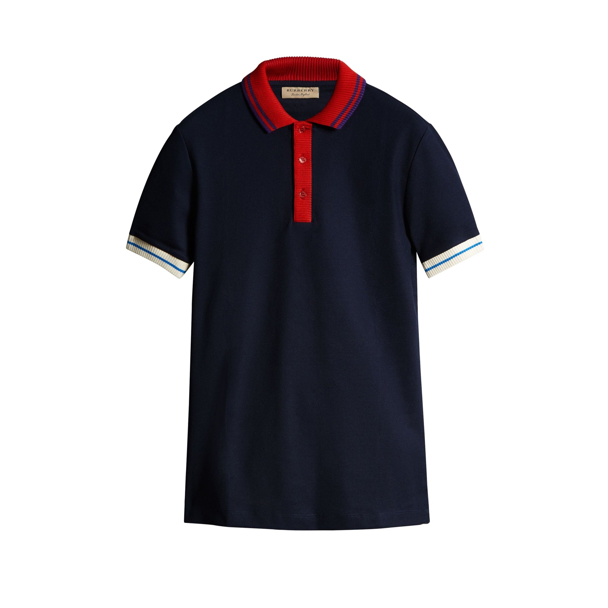 Polo en coton à détails rayés et côtelés bicolores - Navy