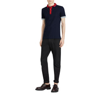 Polo en coton à détails rayés et côtelés bicolores - Navy