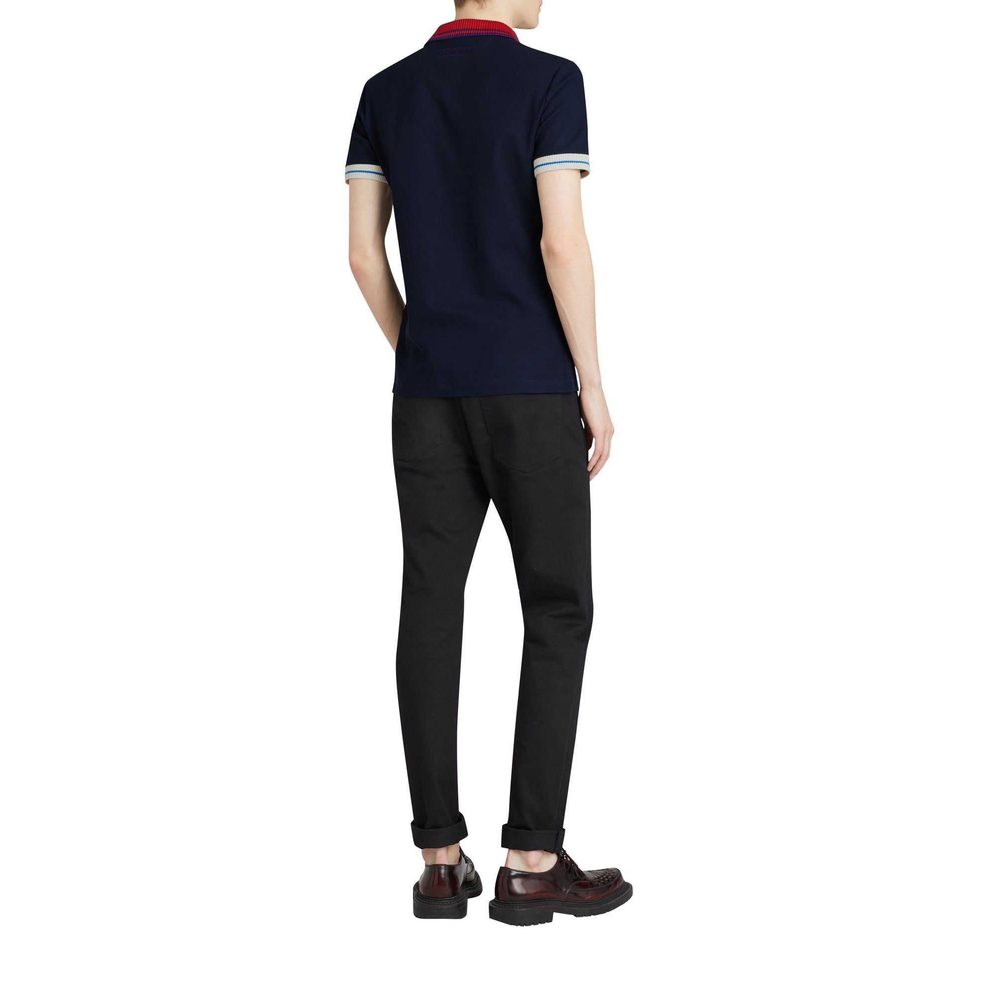 Polo en coton à détails rayés et côtelés bicolores - Navy